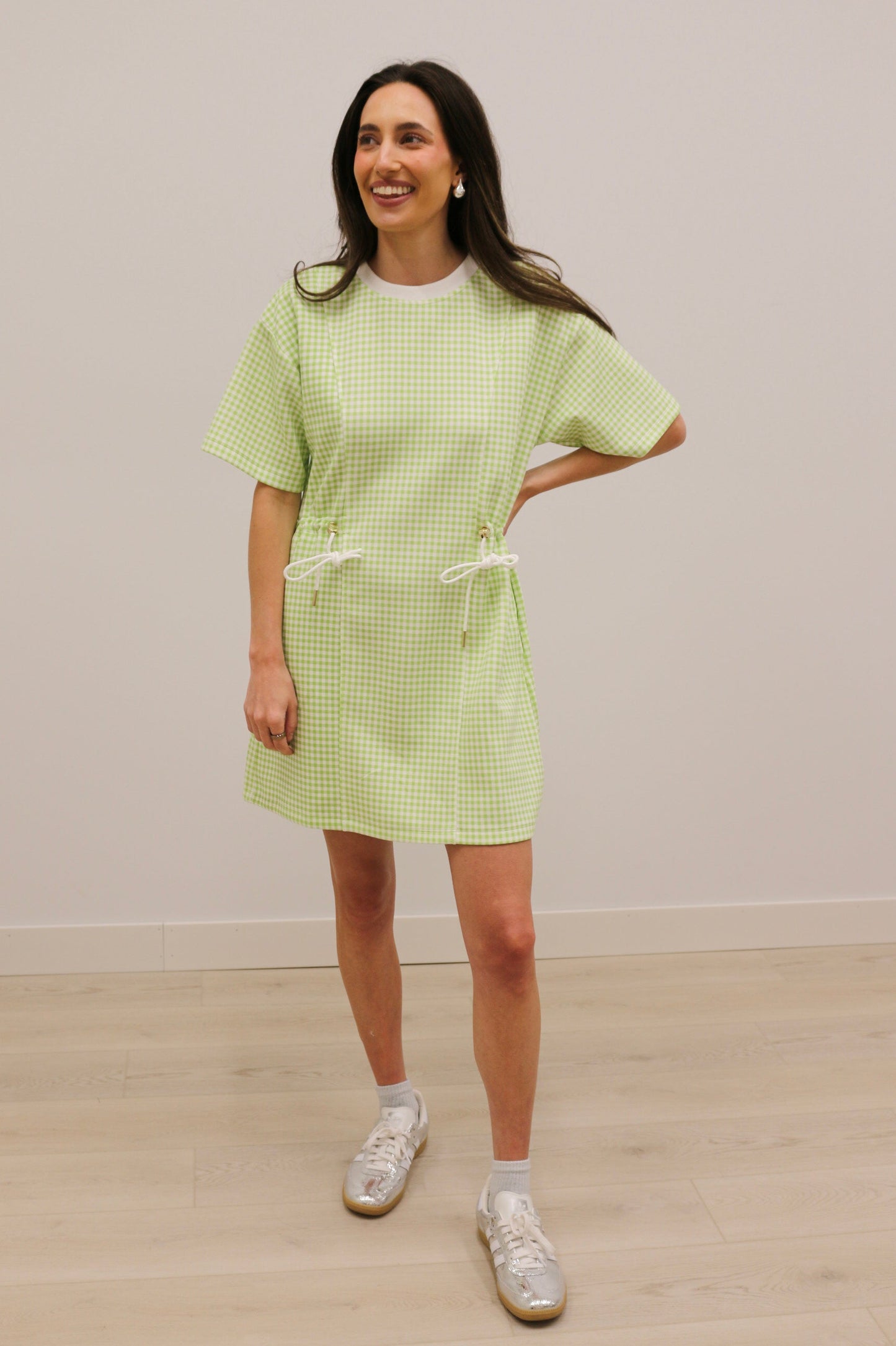 Gia Sporty Gingham Print Short Sleeve Mini Dress - Celery Green