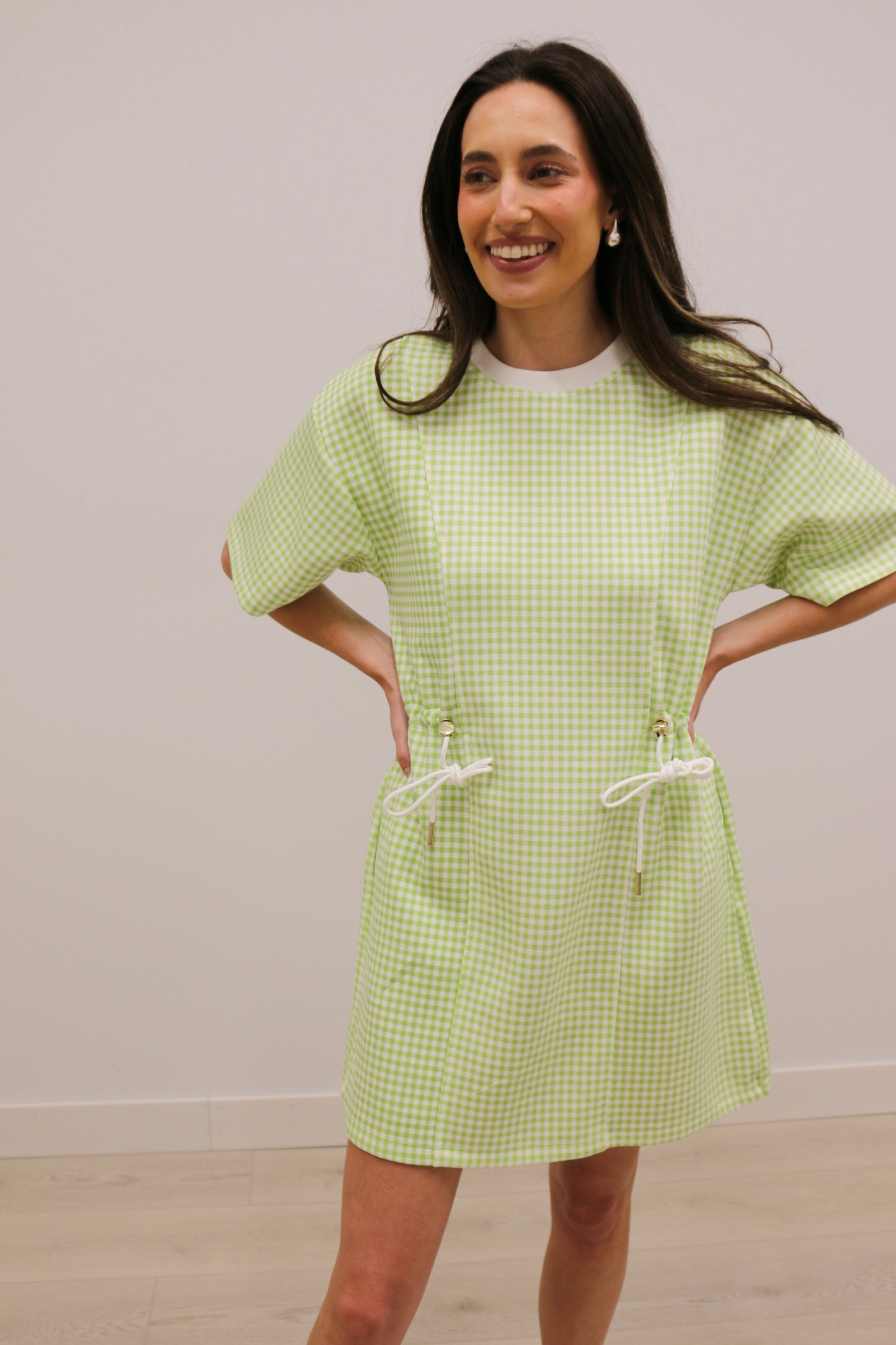 Gia Sporty Gingham Print Short Sleeve Mini Dress - Celery Green