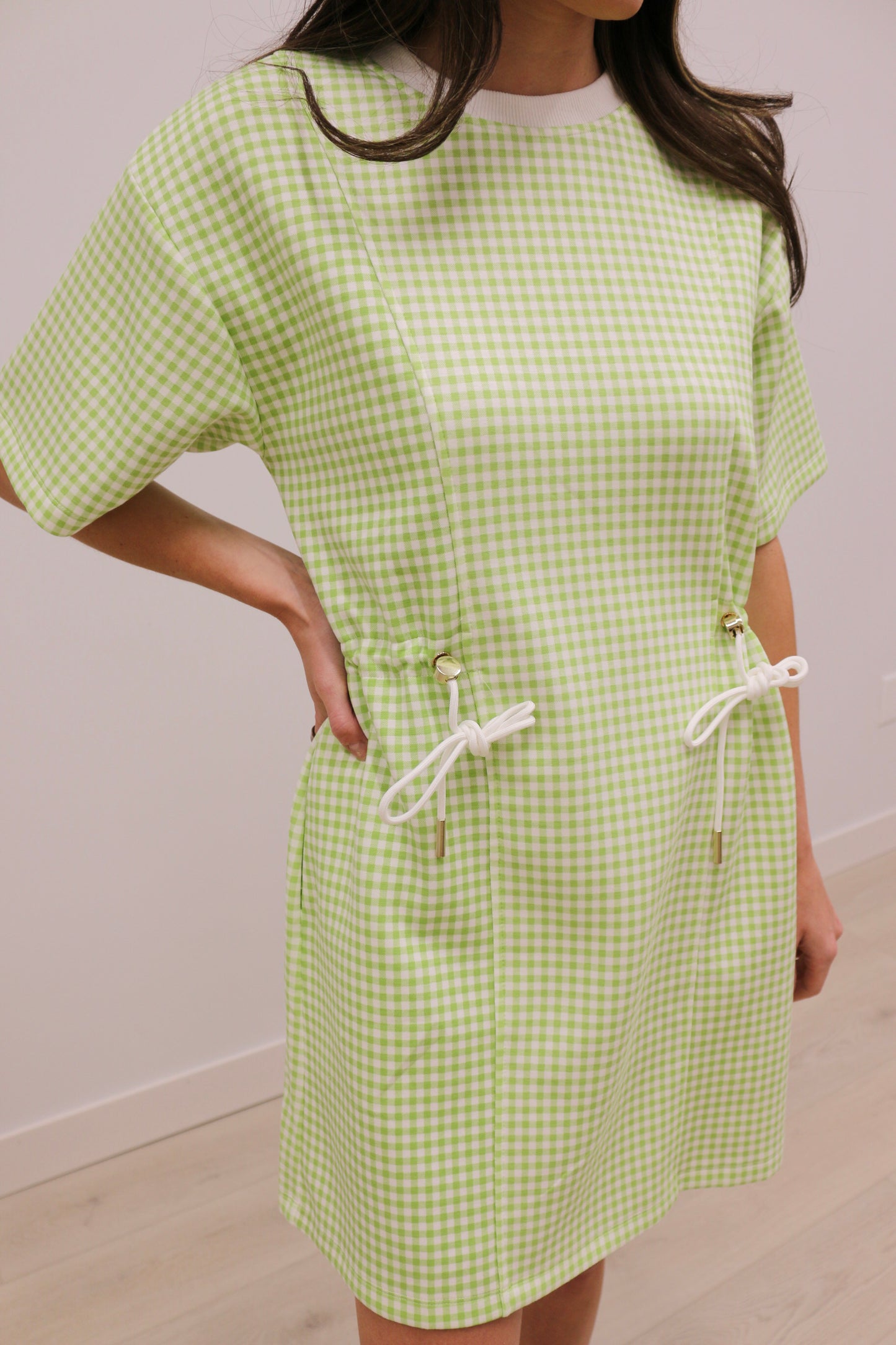 Gia Sporty Gingham Print Short Sleeve Mini Dress - Celery Green