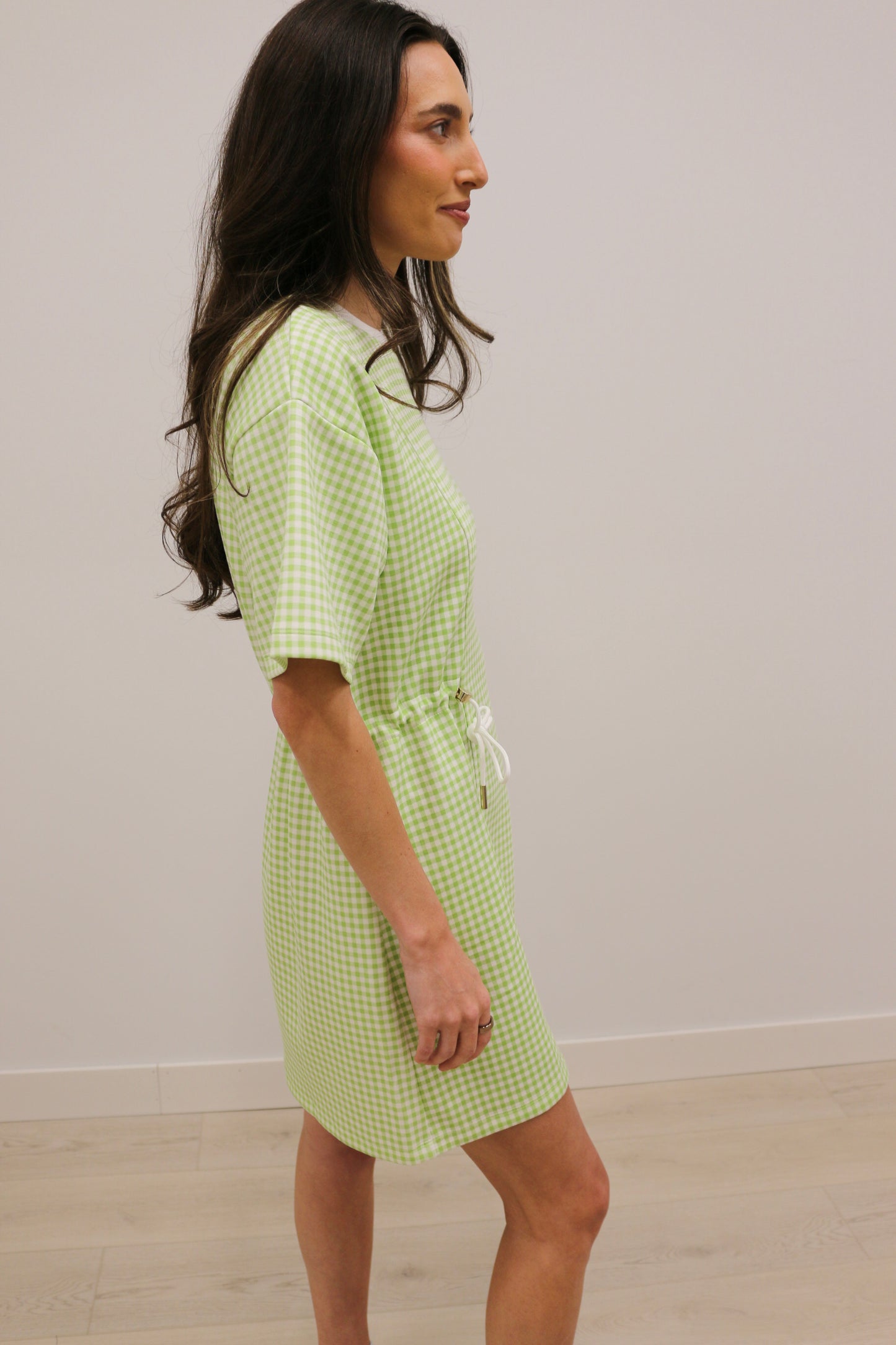 Gia Sporty Gingham Print Short Sleeve Mini Dress - Celery Green