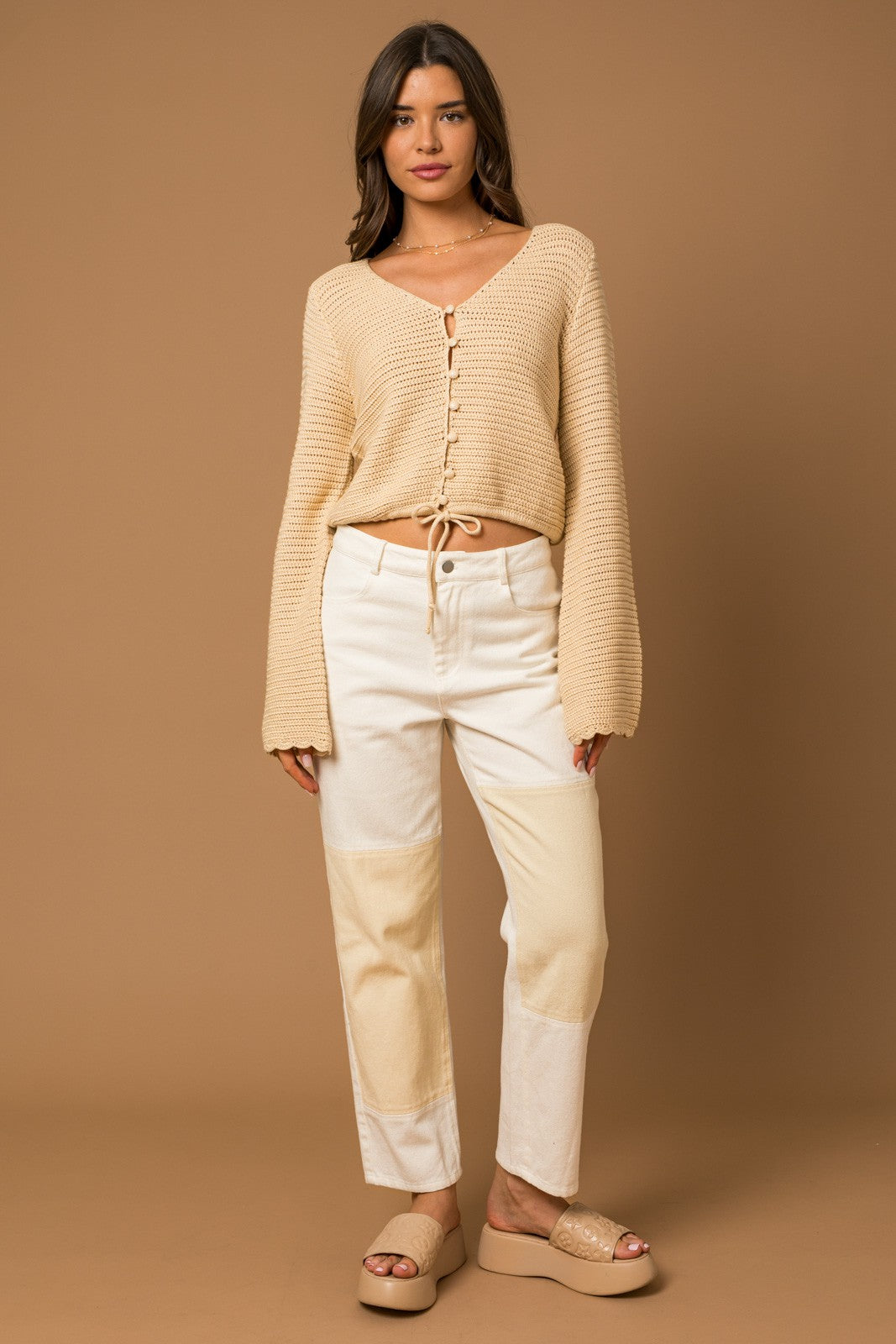 Lane High Waisted Color Block Twill Pants - White, Tan