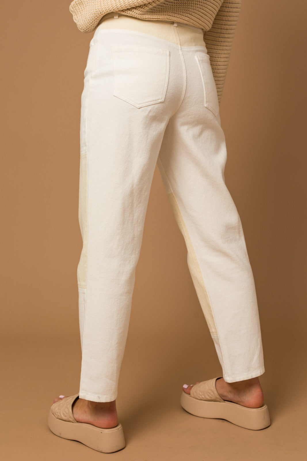 Lane High Waisted Color Block Twill Pants - White, Tan