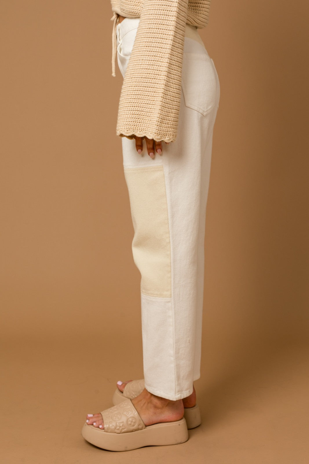 Lane High Waisted Color Block Twill Pants - White, Tan