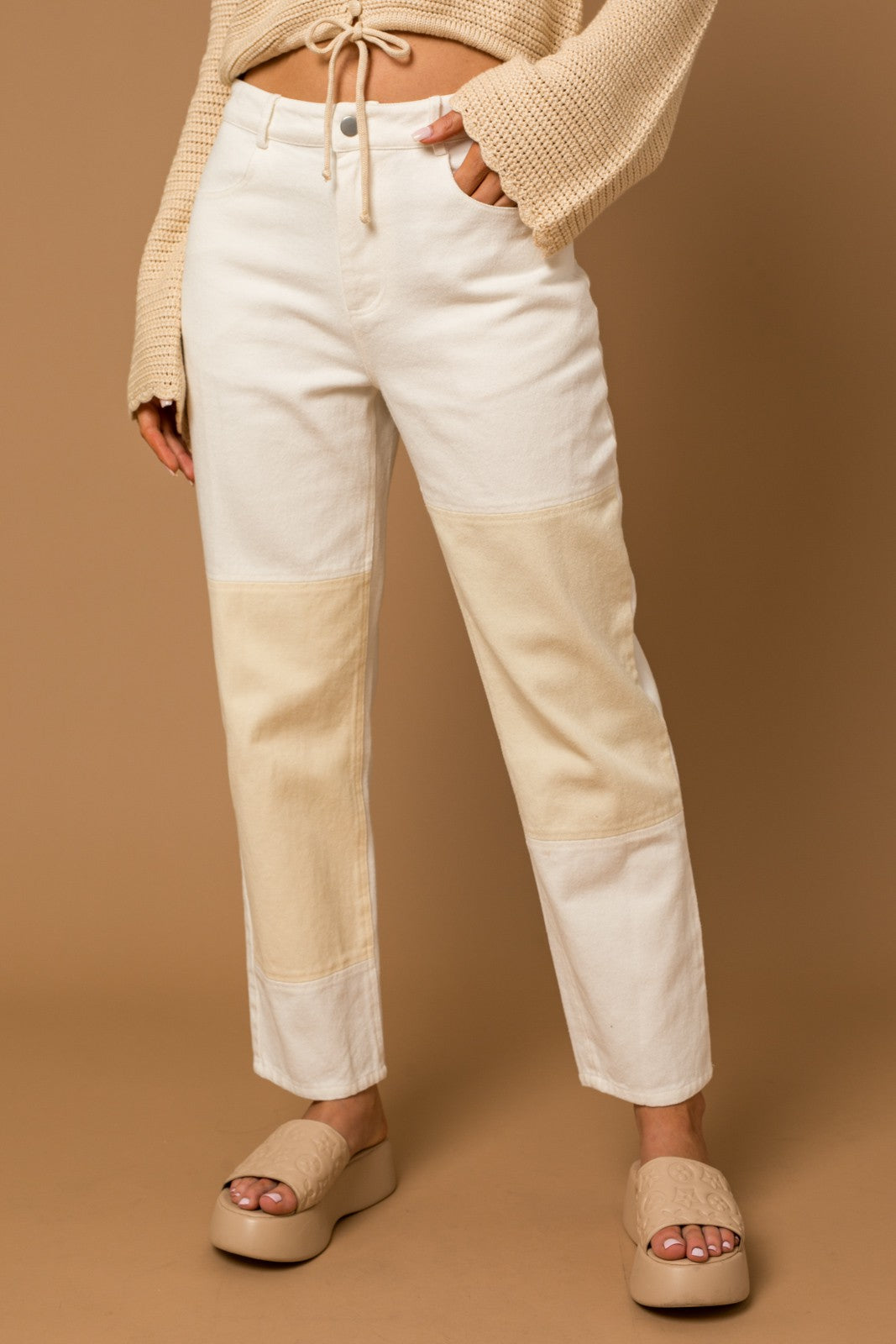 Lane High Waisted Color Block Twill Pants - White, Tan