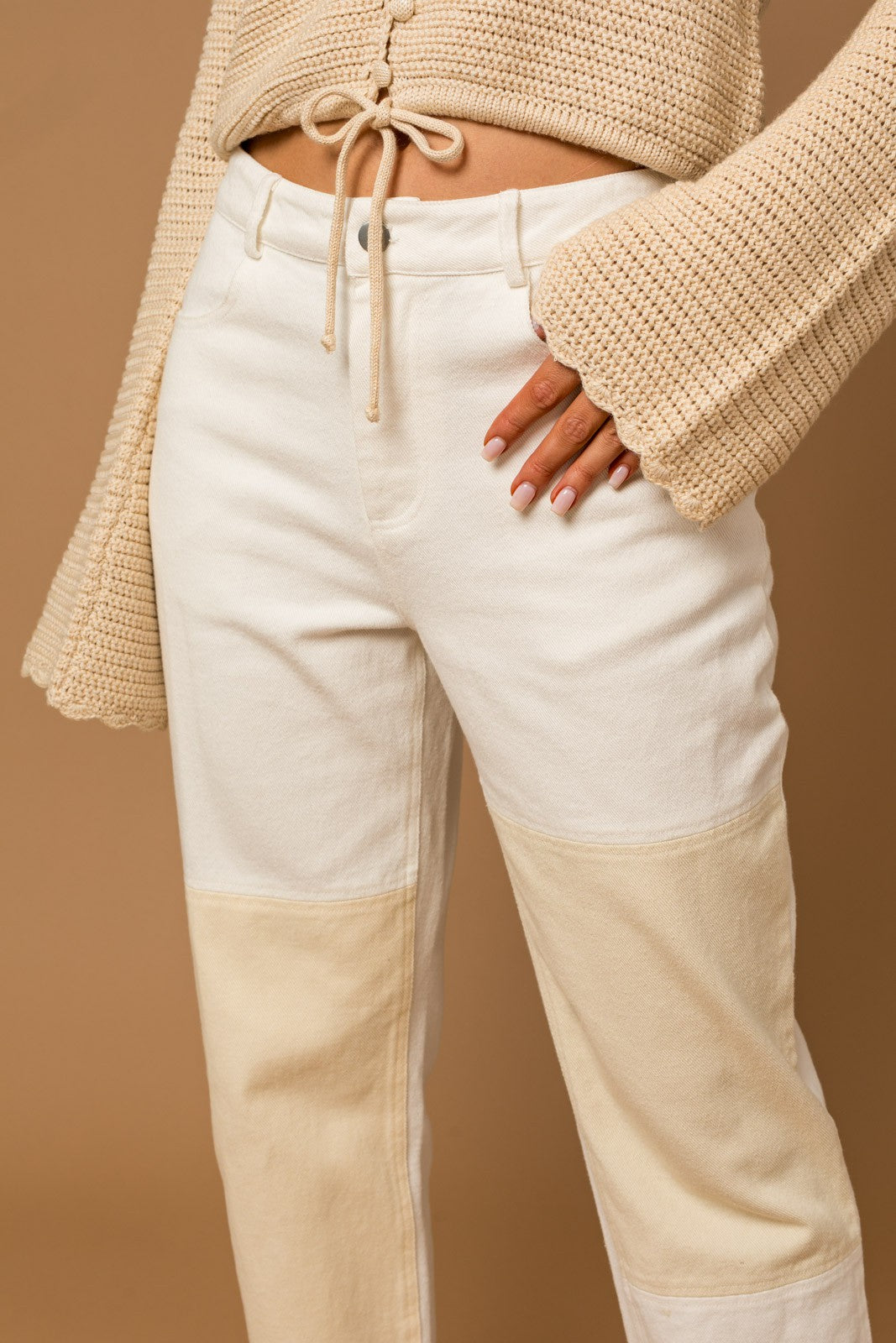 Lane High Waisted Color Block Twill Pants - White, Tan
