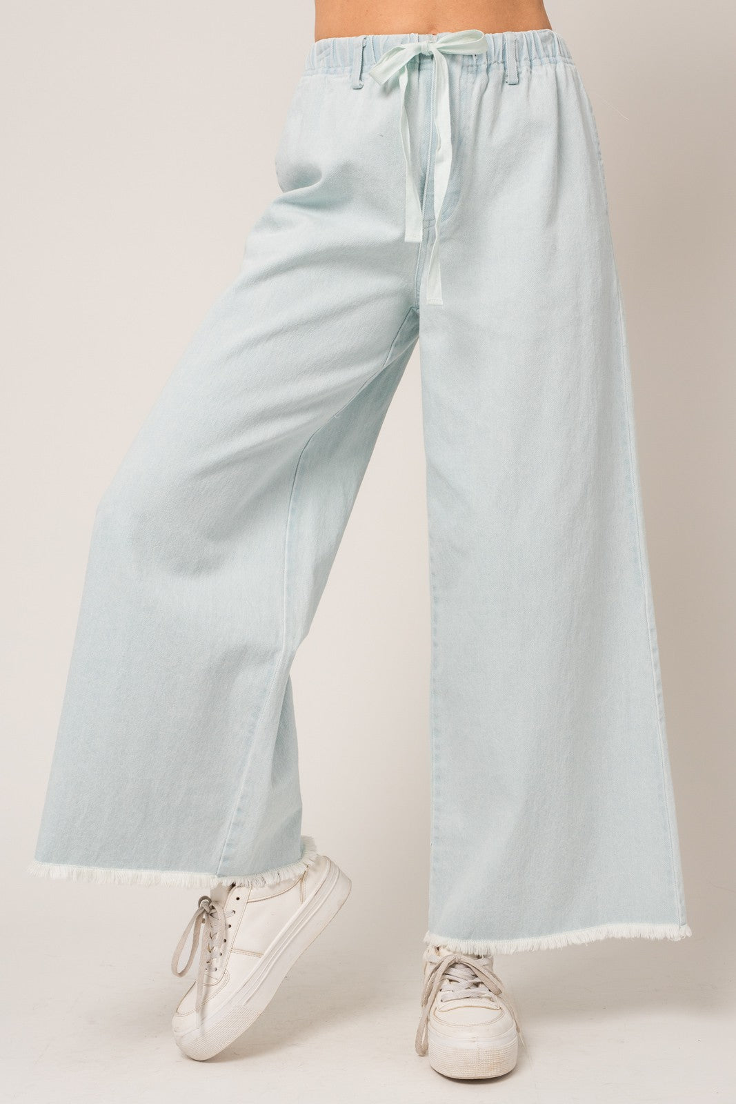 Denim Washed Twill Tie Front Wide Leg Pants - Light Chambray