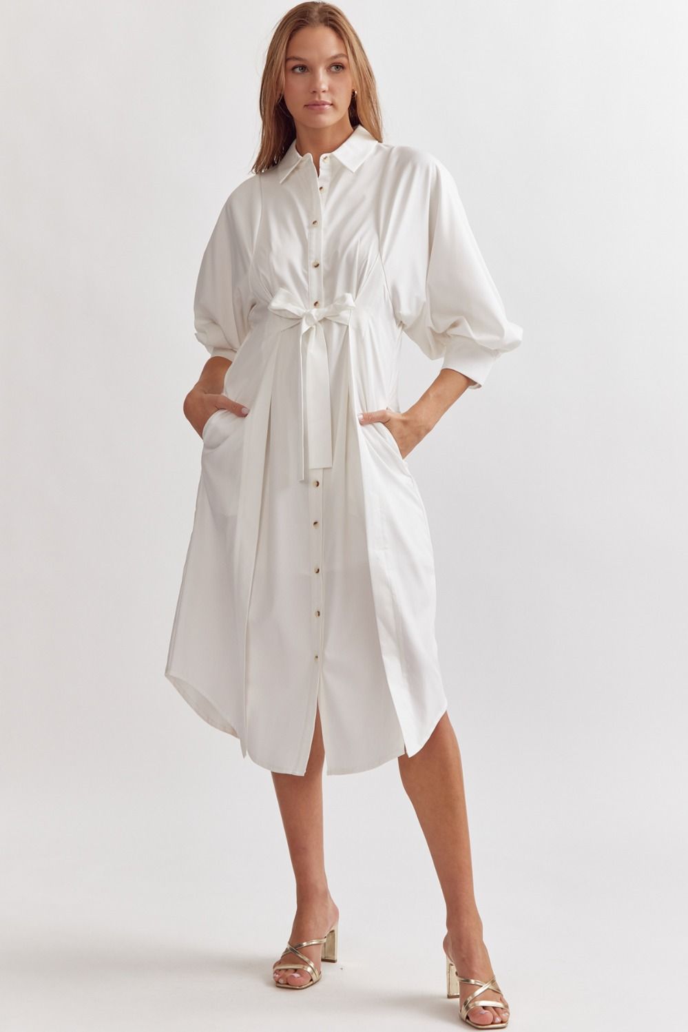 Hillary 3/4 Sleeve Bow Tie Front Woven Shirt Dress - White