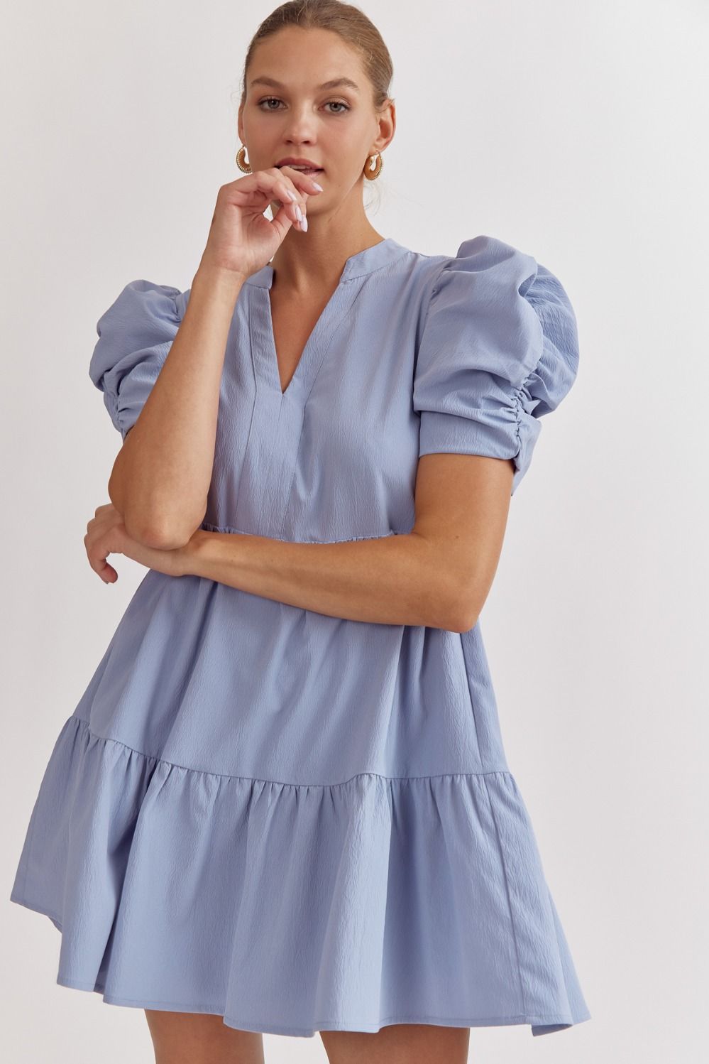 Juliette Solid Mini Dress with Short Puff Sleeves - Light Blue