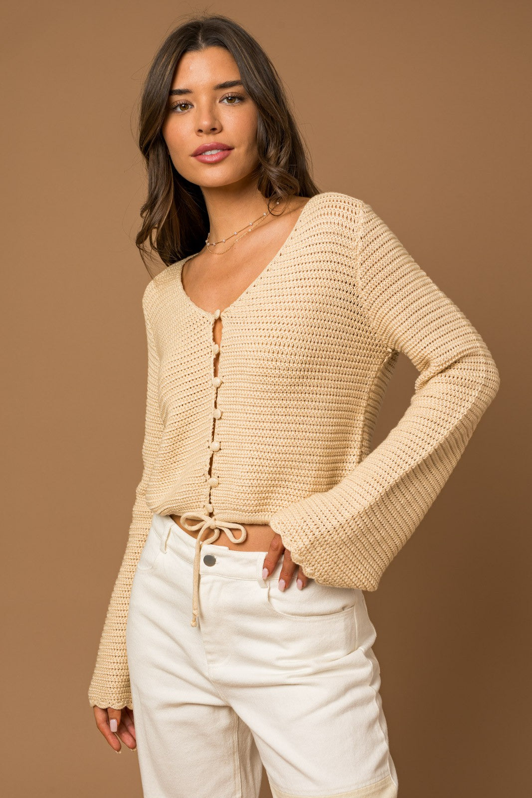 Lana Crochet Knit Long Bell Sleeve Button Down Sweater Top - Beige