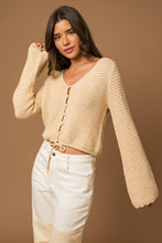 Load image into Gallery viewer, Lana Crochet Knit Long Bell Sleeve Button Down Sweater Top - Beige
