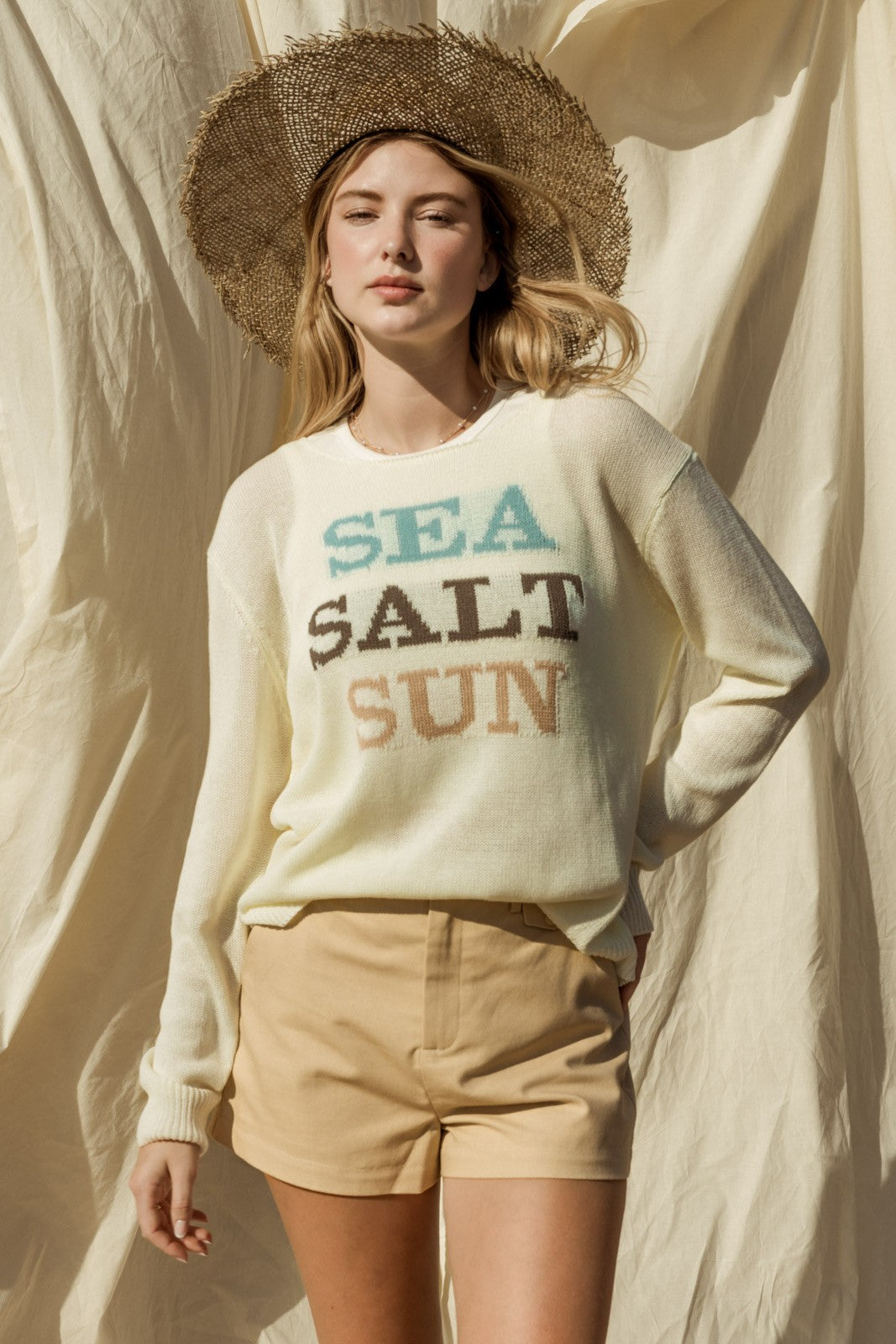 Sea Salt Sun Long Sleeve Lightweight Sweater Pullover - White