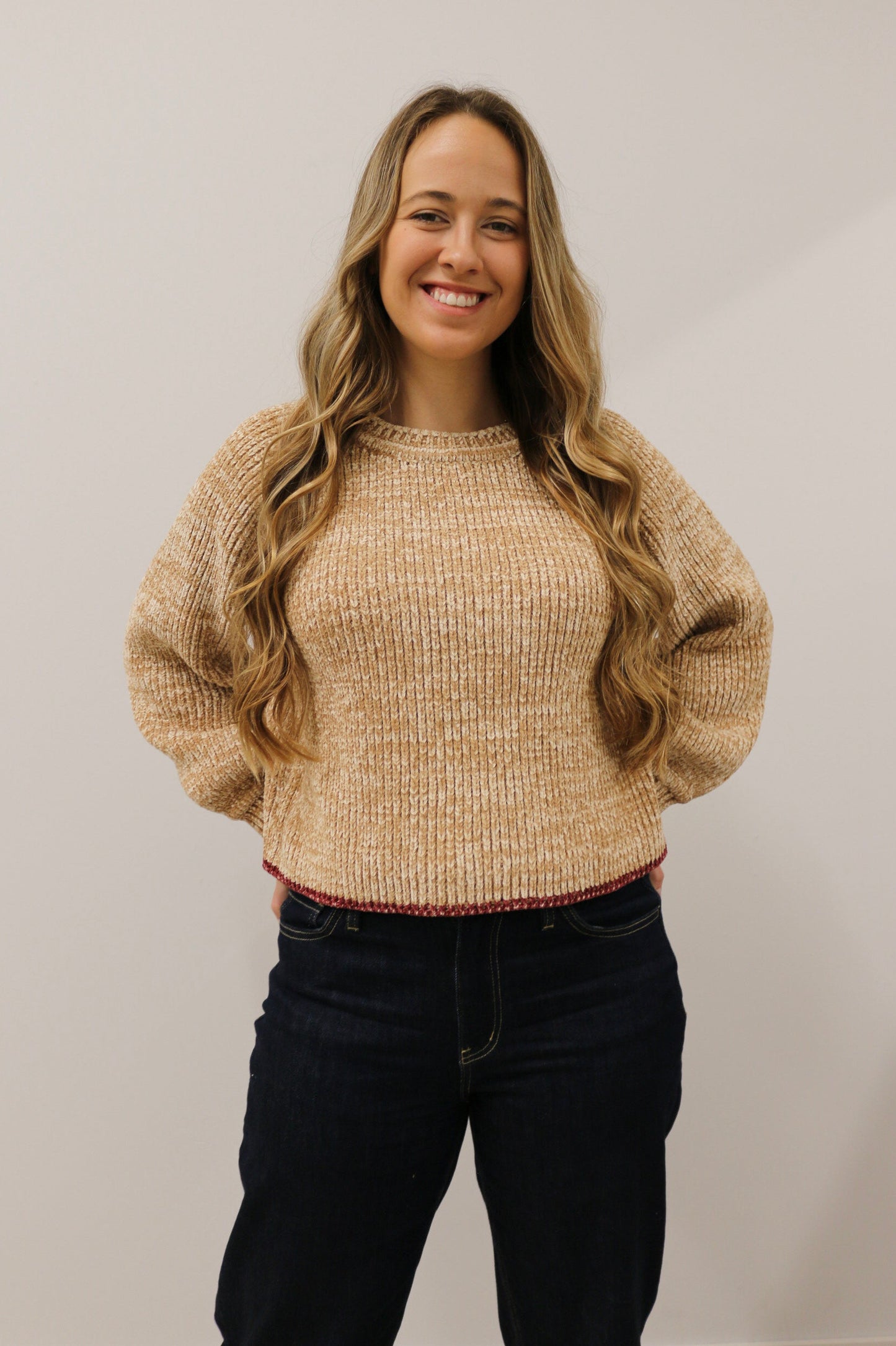 Meryl Burgundy Stitch Long Sleeve Crewneck Sweater - Caramel Multi