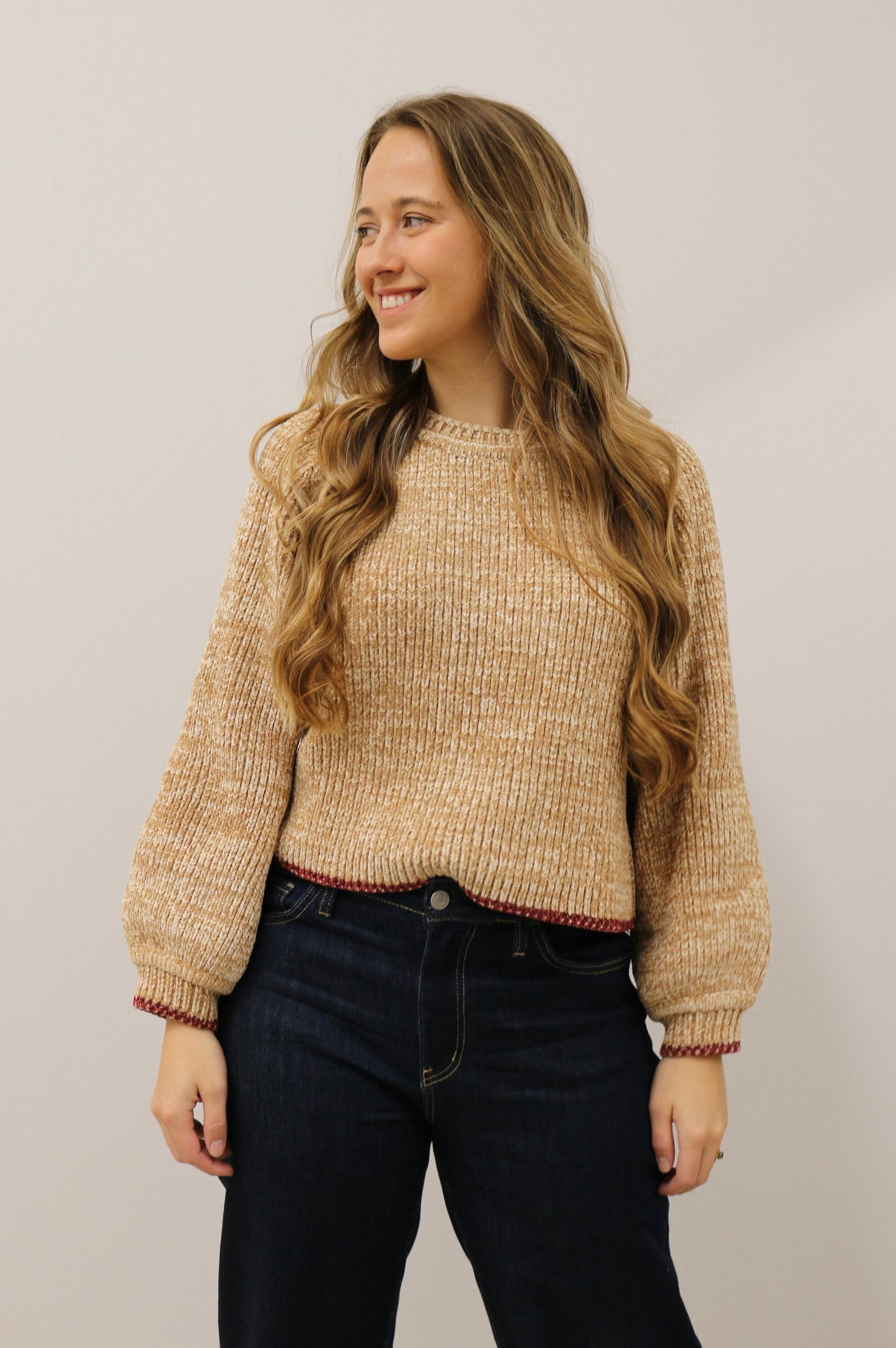 Meryl Burgundy Stitch Long Sleeve Crewneck Sweater - Caramel Multi