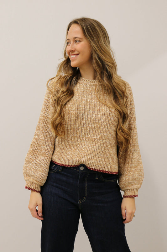 Meryl Burgundy Stitch Long Sleeve Crewneck Sweater - Caramel Multi