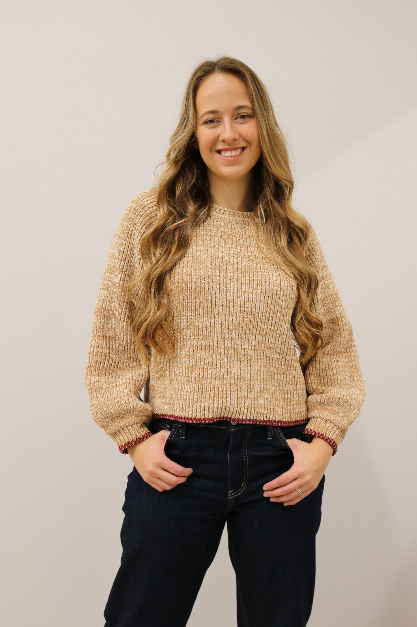 Meryl Burgundy Stitch Long Sleeve Crewneck Sweater - Caramel Multi