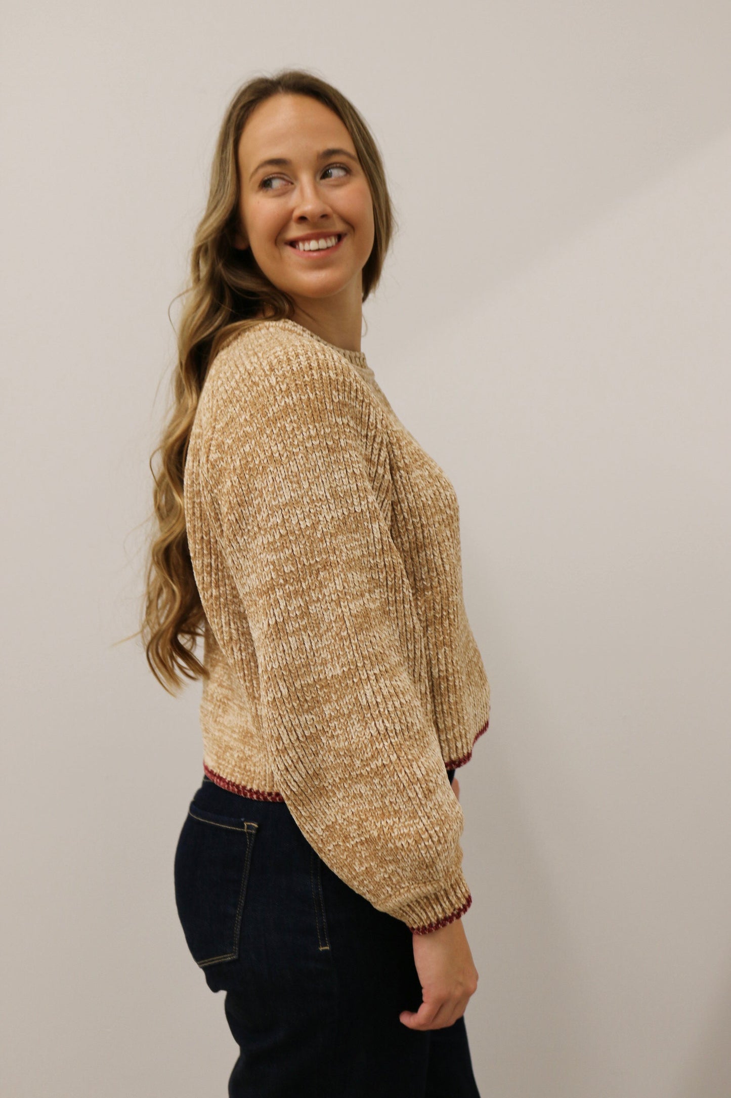 Meryl Burgundy Stitch Long Sleeve Crewneck Sweater - Caramel Multi