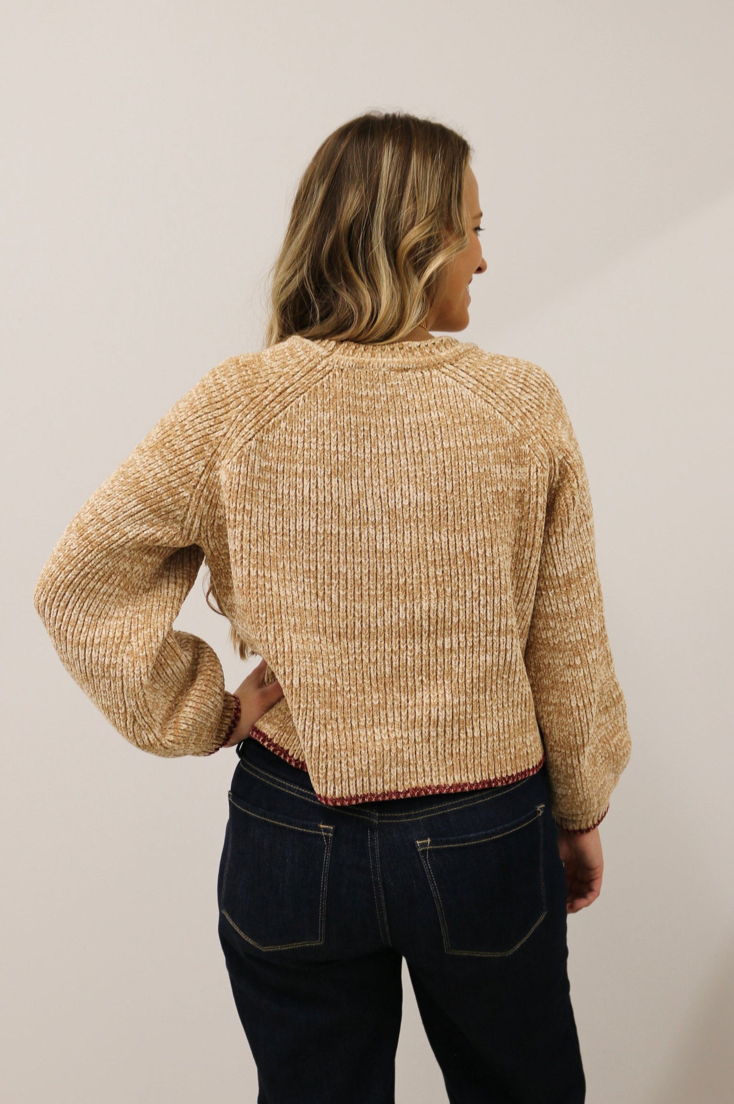 Meryl Burgundy Stitch Long Sleeve Crewneck Sweater - Caramel Multi