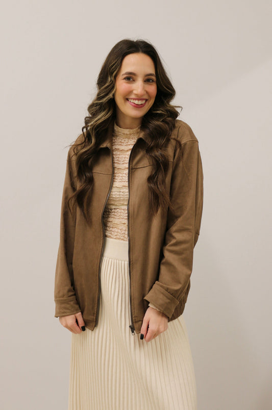 Sasha Suede Oversized Zip Up Bomber Jacket - Brown