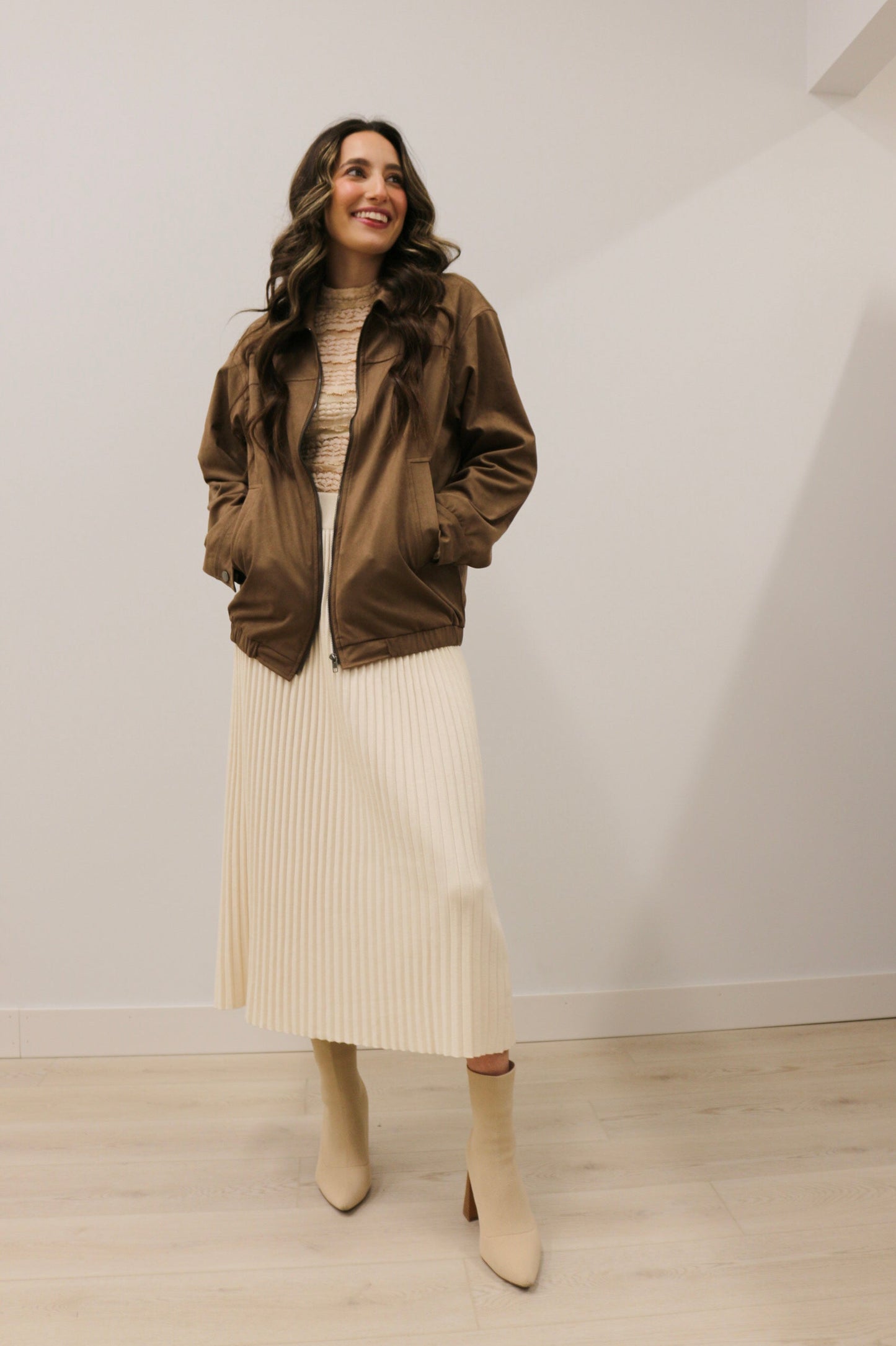 Sasha Suede Oversized Zip Up Bomber Jacket - Brown