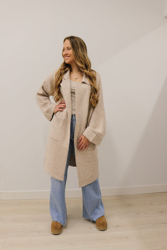 Addison Oversized Collared Longline Cardigan - Oatmeal