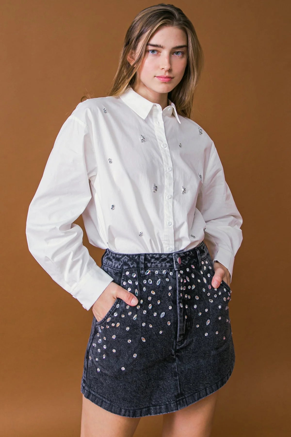 Annette Embellished Collared Button Up Poplin Shirt - White