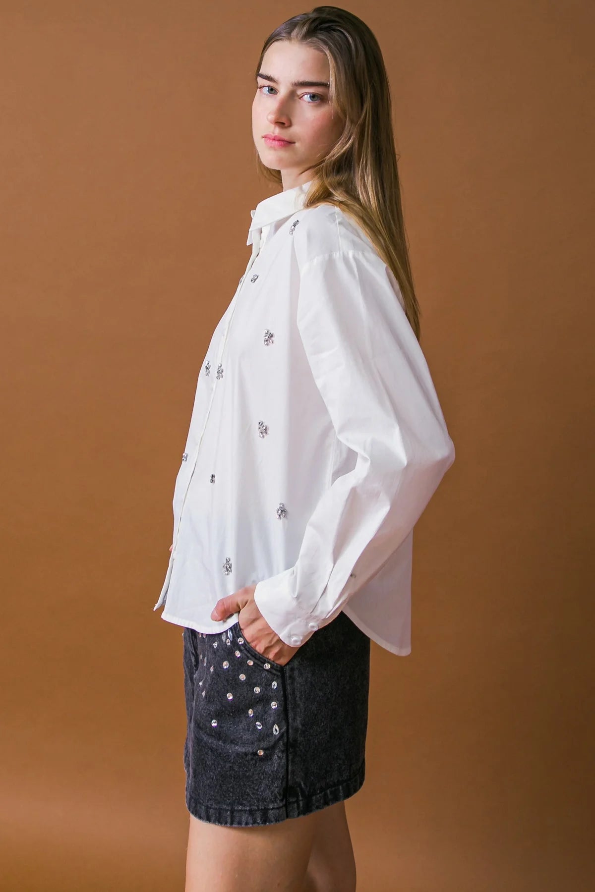Annette Embellished Collared Button Up Poplin Shirt - White
