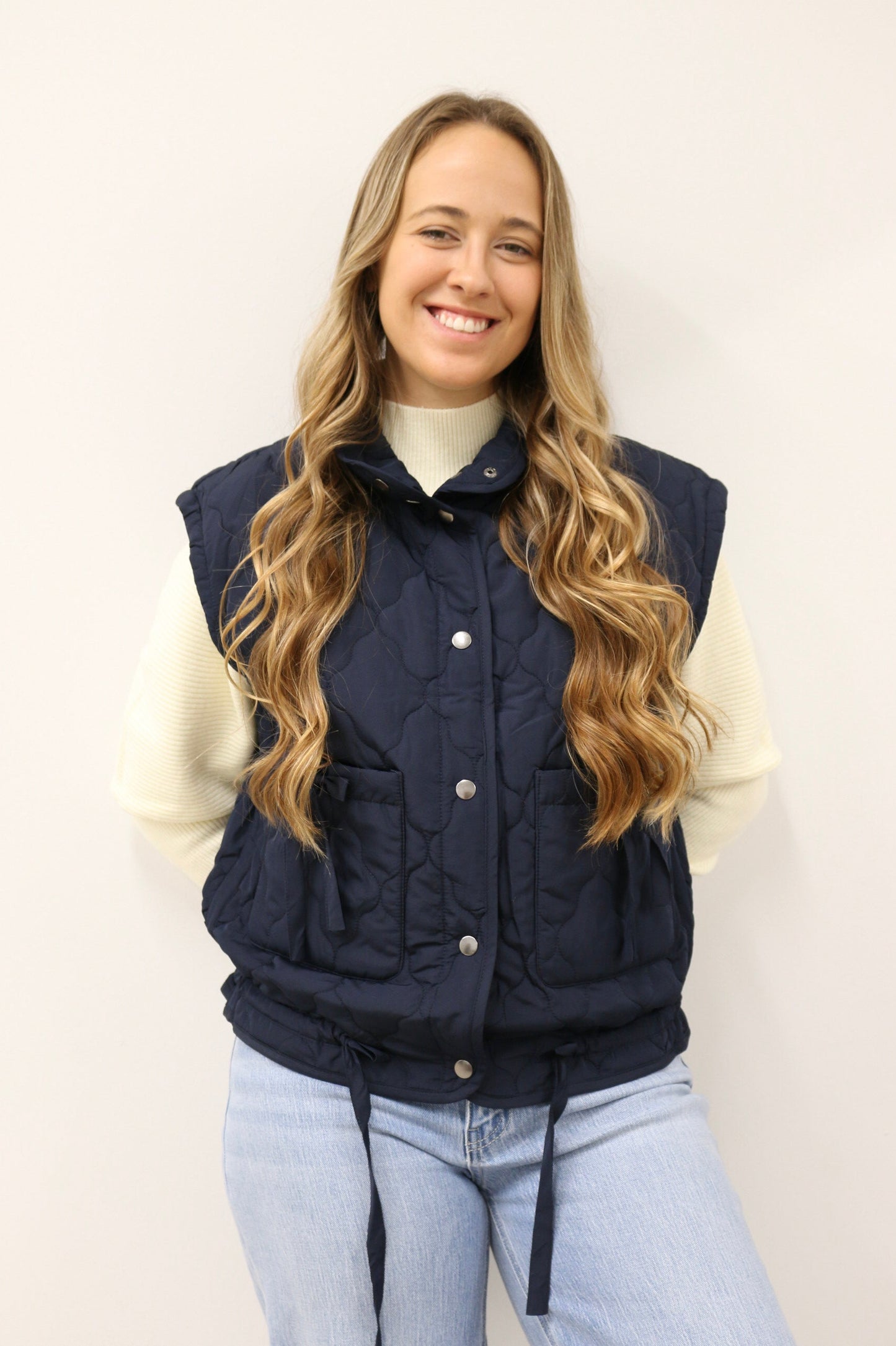 Aven Tie Detail Snap Button Down Quilted Puffer Vest – Navy Blue