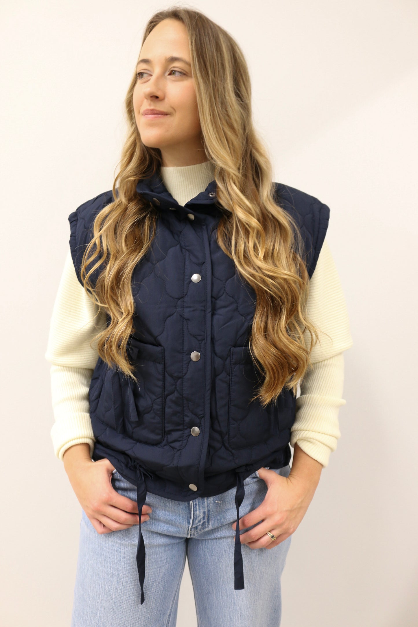 Aven Tie Detail Snap Button Down Quilted Puffer Vest – Navy Blue