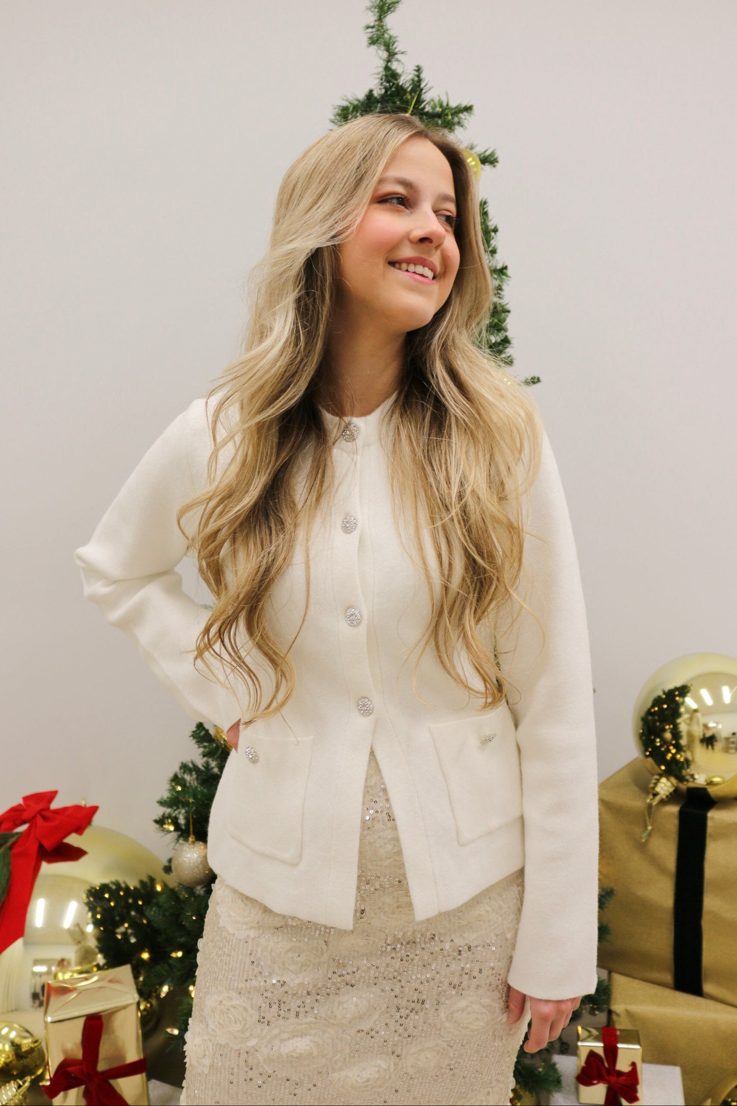 Bardot Knit Jewel Button Down Cardigan Jacket – Winter White