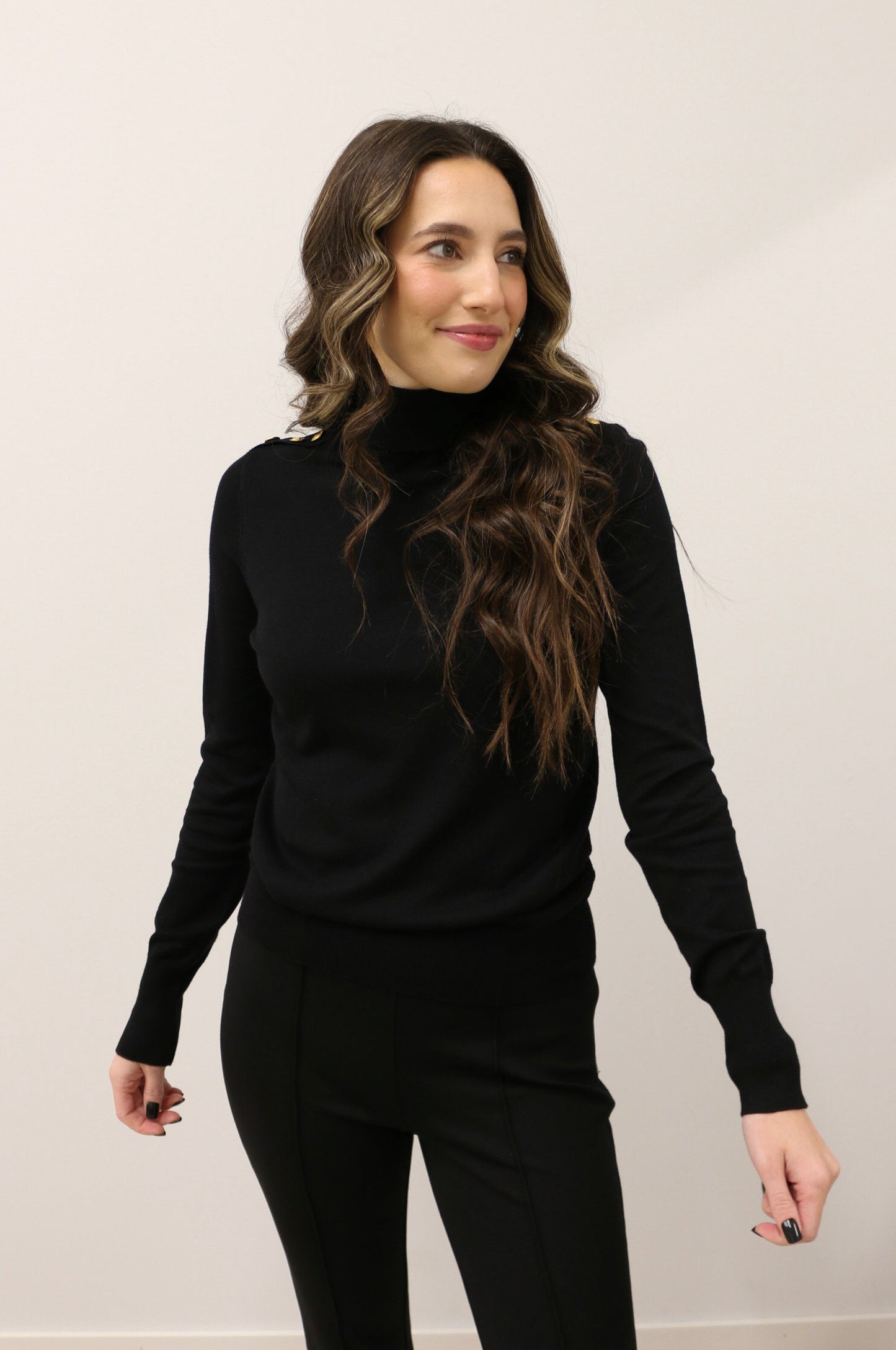 Brenne Gold Button Long Sleeve Turtleneck Knit Sweater - Black