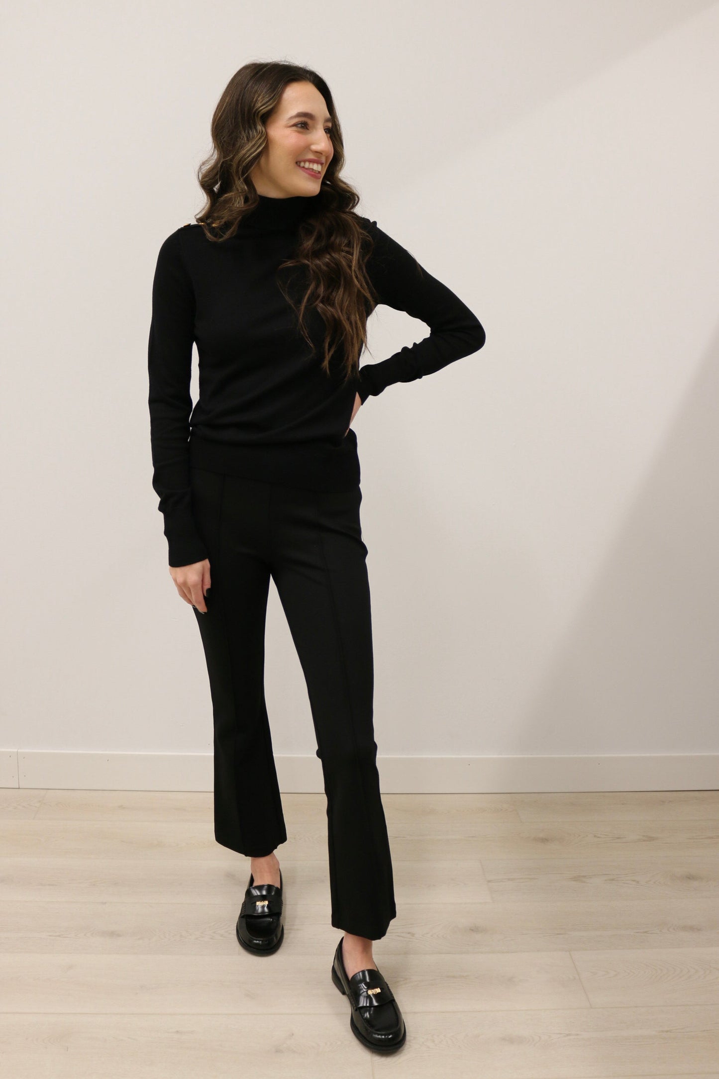 Brenne Gold Button Long Sleeve Turtleneck Knit Sweater - Black