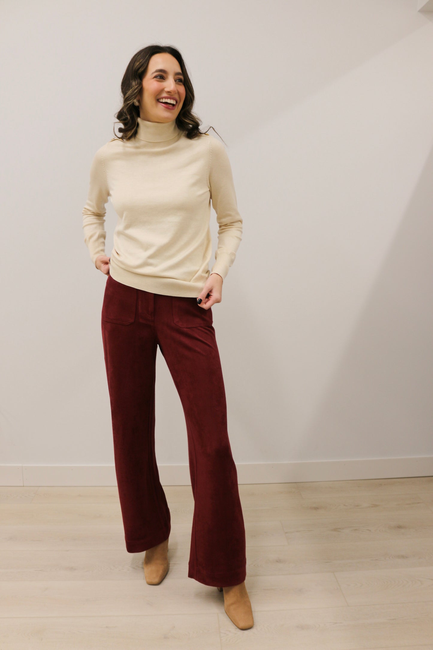 Brenne Gold Button Long Sleeve Turtleneck Knit Sweater - Cream