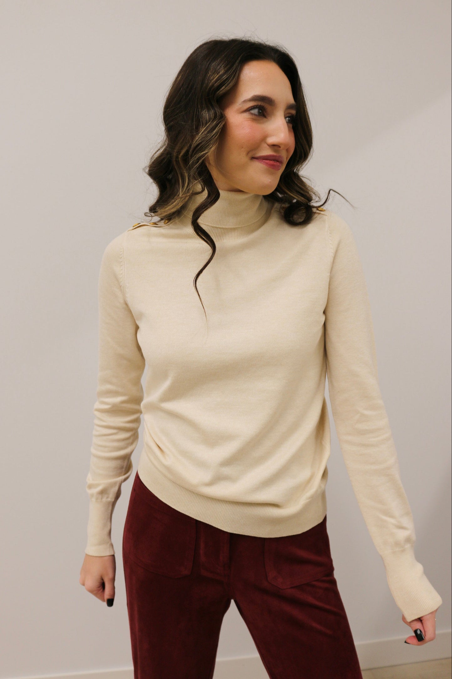 Brenne Gold Button Long Sleeve Turtleneck Knit Sweater - Cream