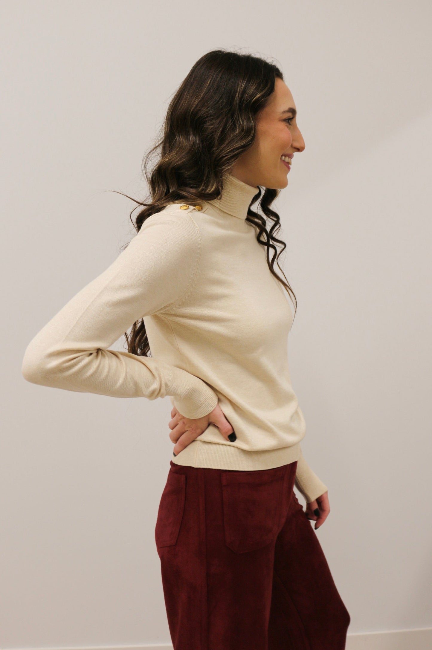 Brenne Gold Button Long Sleeve Turtleneck Knit Sweater - Cream