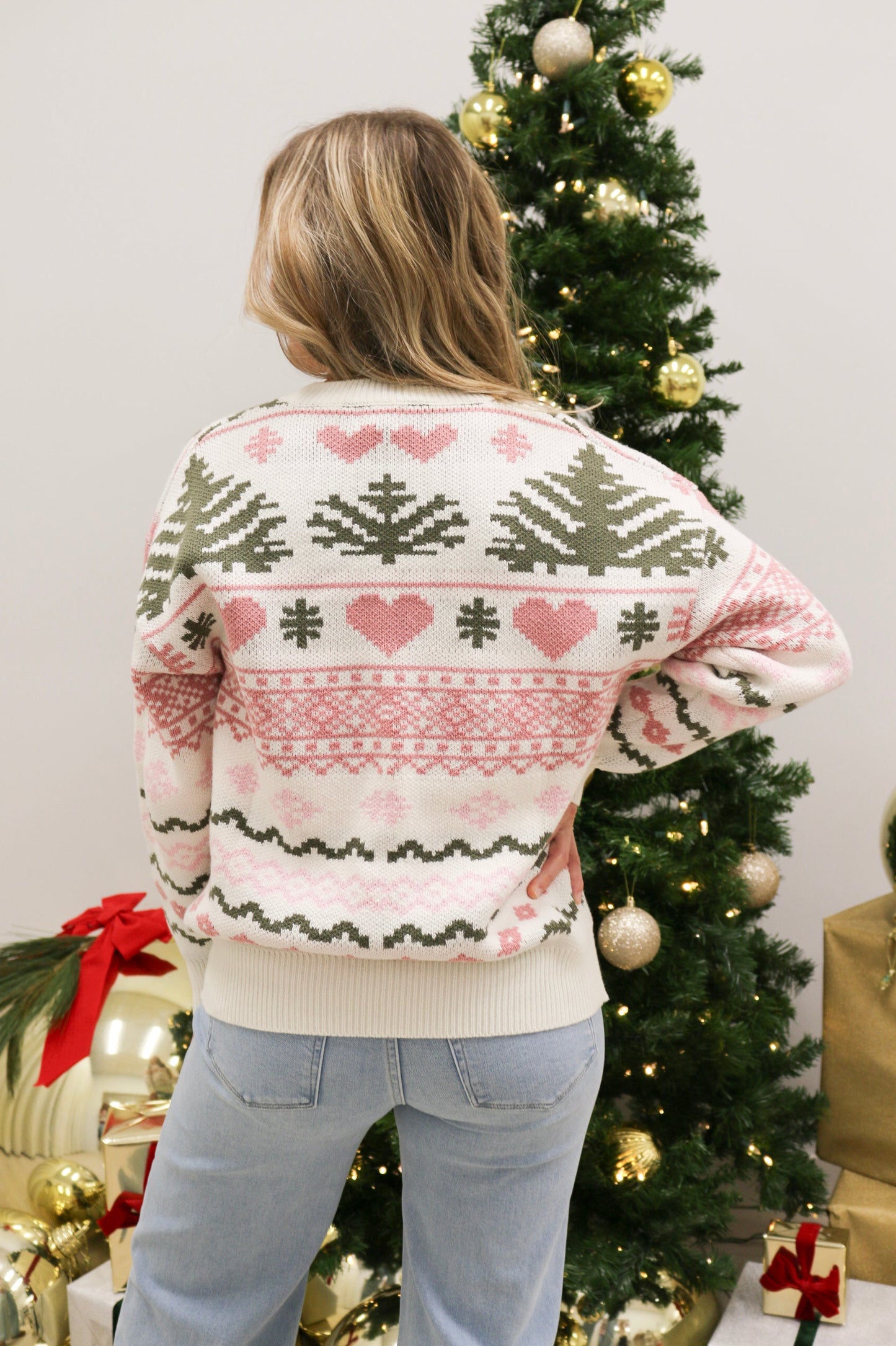 Chalet Fairisle Oversized Crewneck Sweater - Pink Green Multi