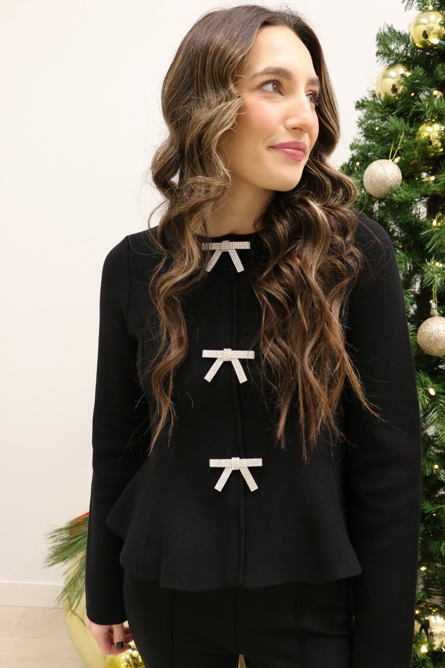 Cheri Knit Long Sleeve Jewel Bow Peplum Top - Black