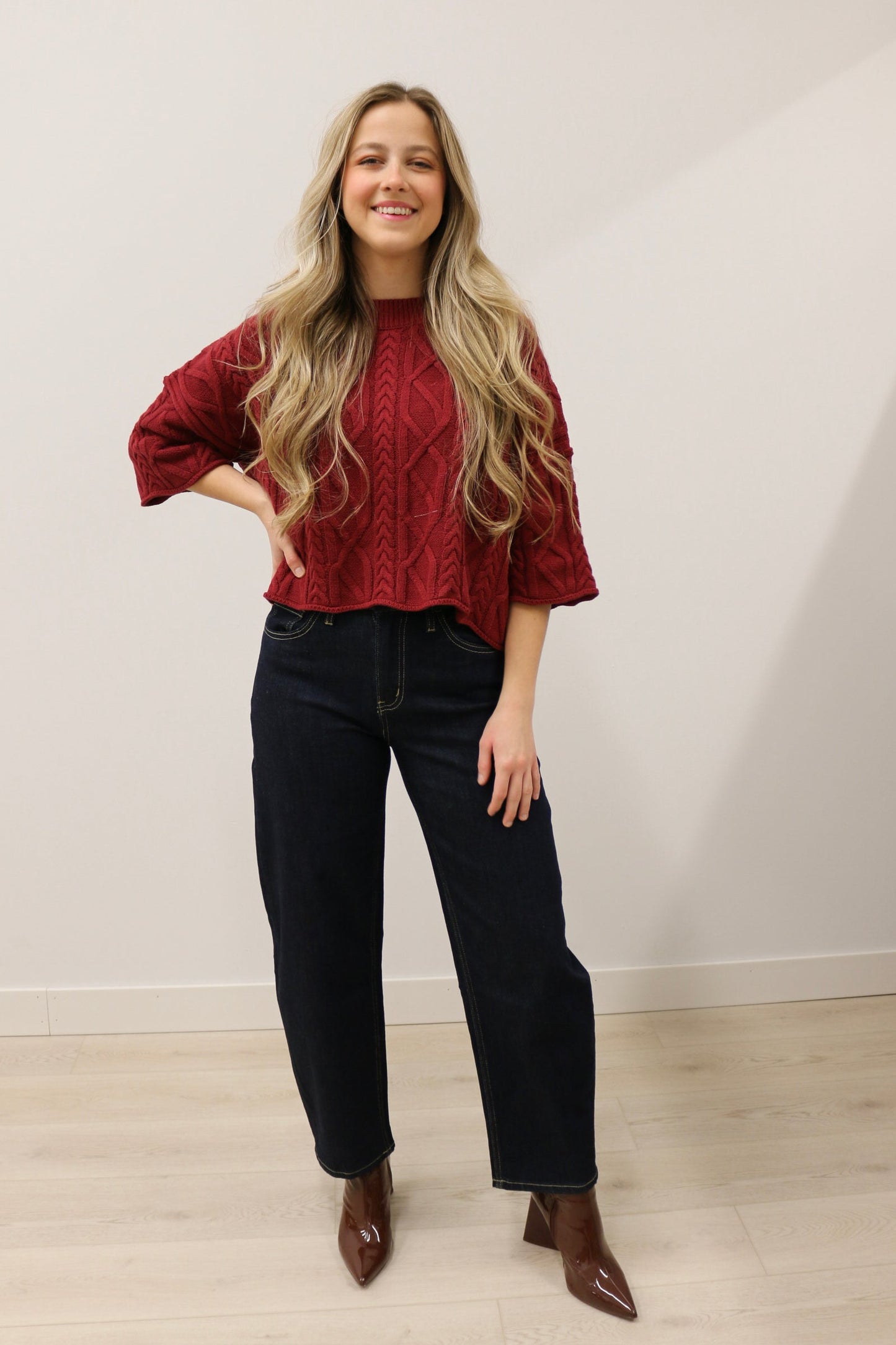 Corrin Cable Knit 3/4 Sleeve Knit Pullover Sweater - Burgundy