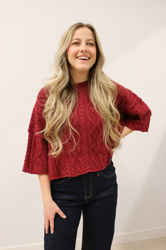 Corrin Cable Knit 3/4 Sleeve Knit Pullover Sweater - Burgundy