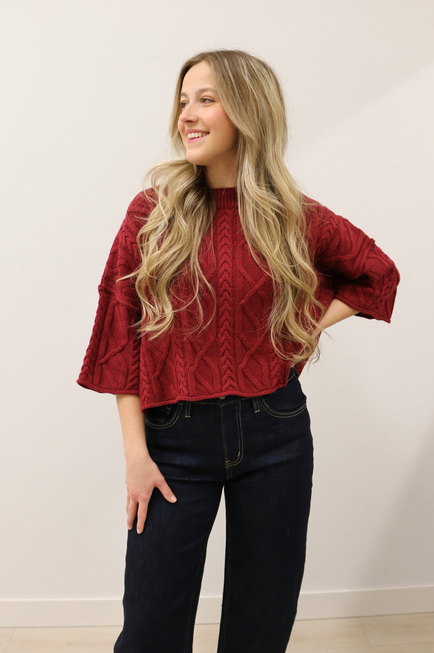 Corrin Cable Knit 3/4 Sleeve Knit Pullover Sweater - Burgundy