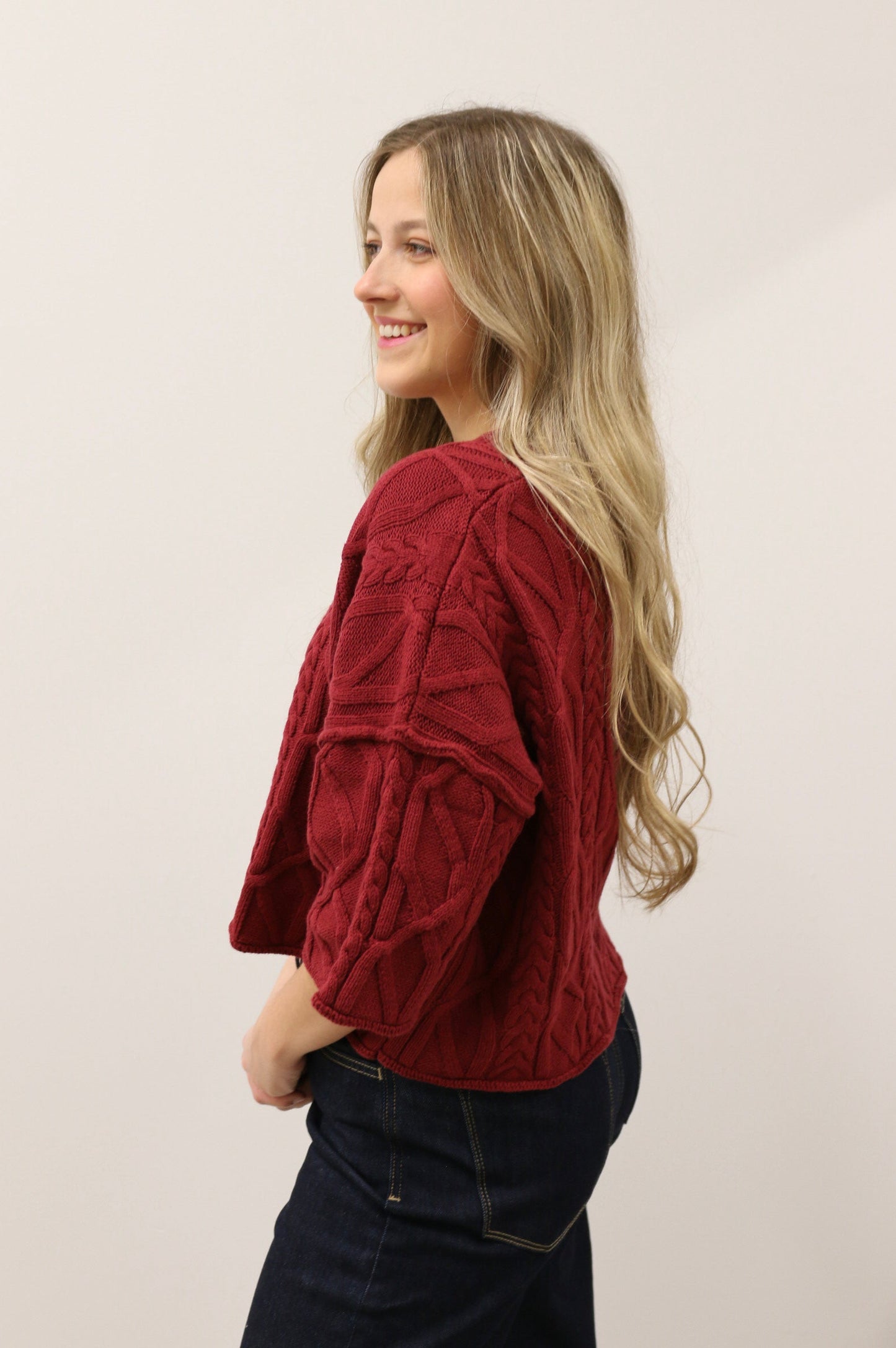 Corrin Cable Knit 3/4 Sleeve Knit Pullover Sweater - Burgundy