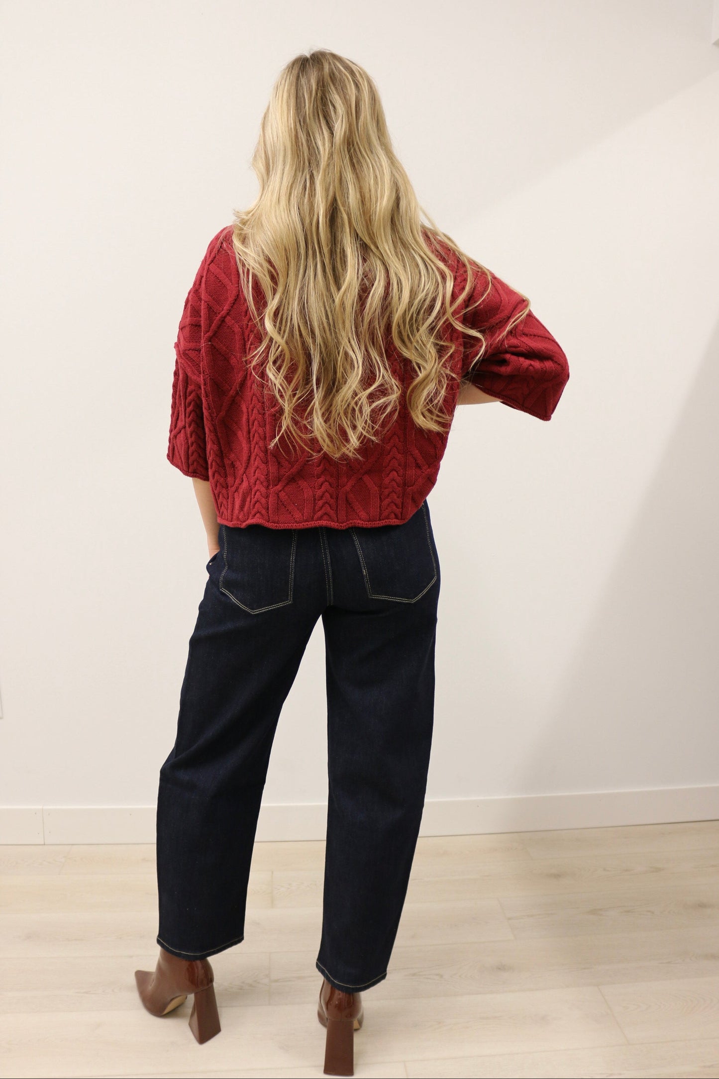 Corrin Cable Knit 3/4 Sleeve Knit Pullover Sweater - Burgundy