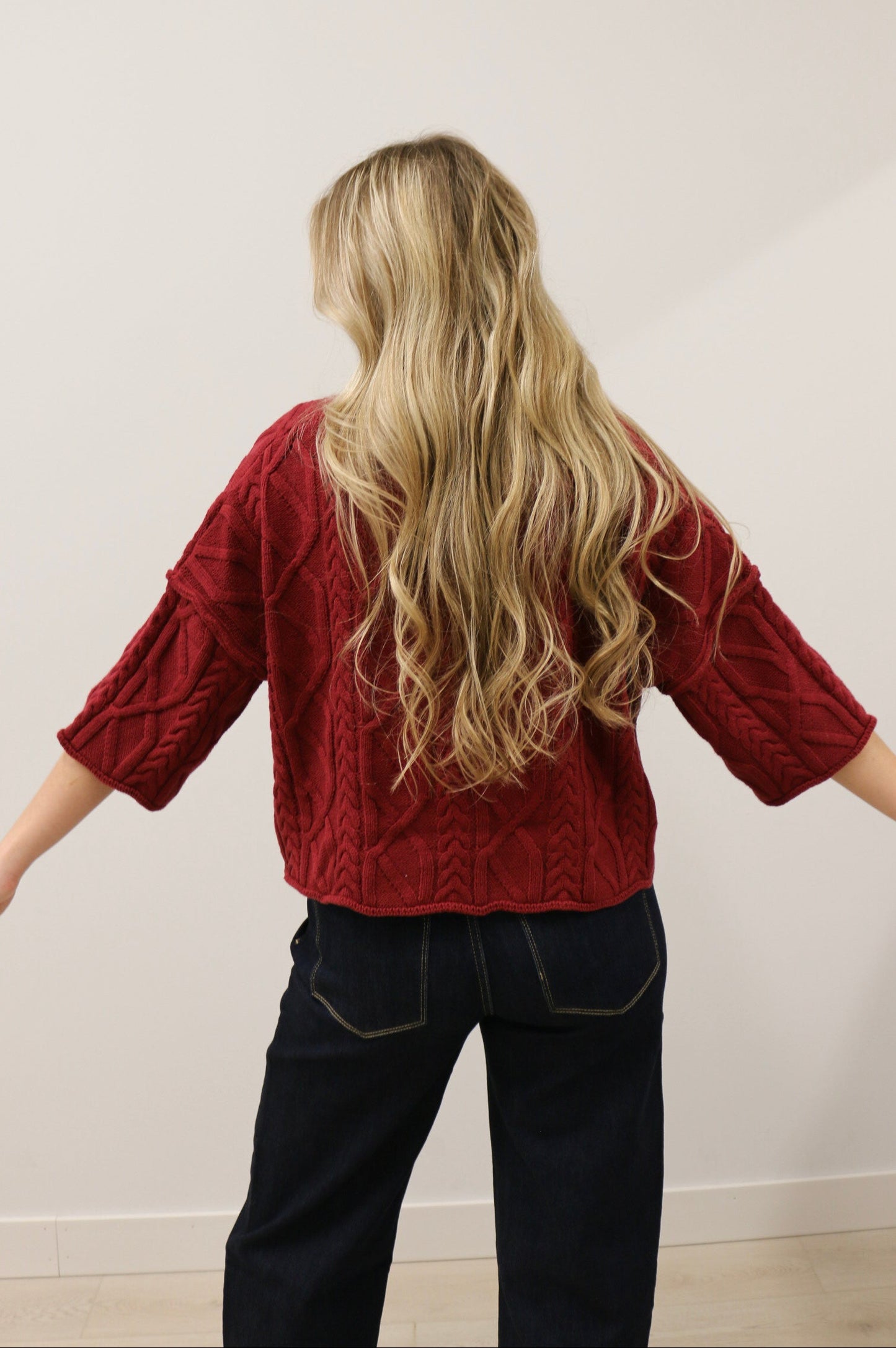 Corrin Cable Knit 3/4 Sleeve Knit Pullover Sweater - Burgundy