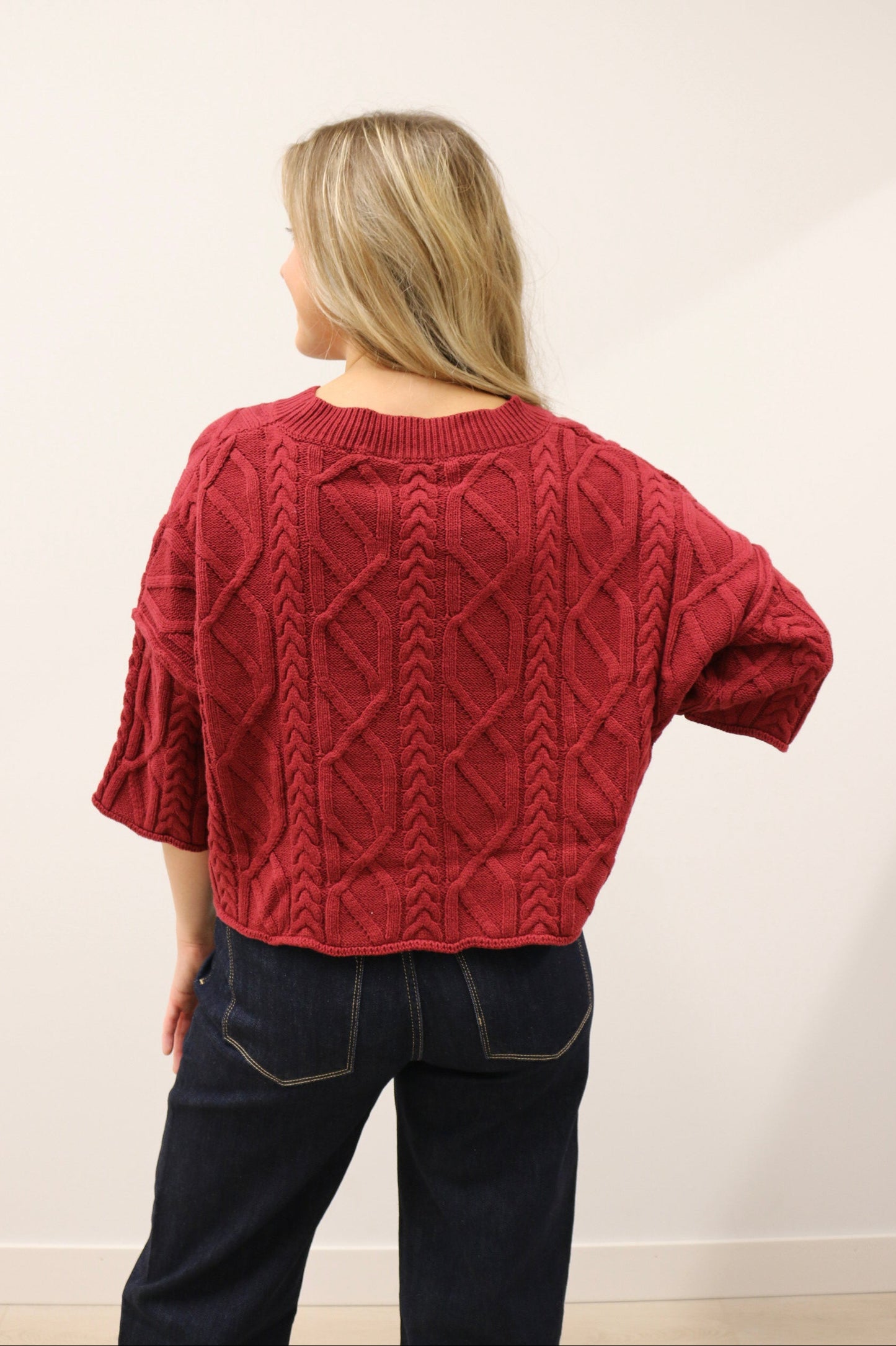 Corrin Cable Knit 3/4 Sleeve Knit Pullover Sweater - Burgundy