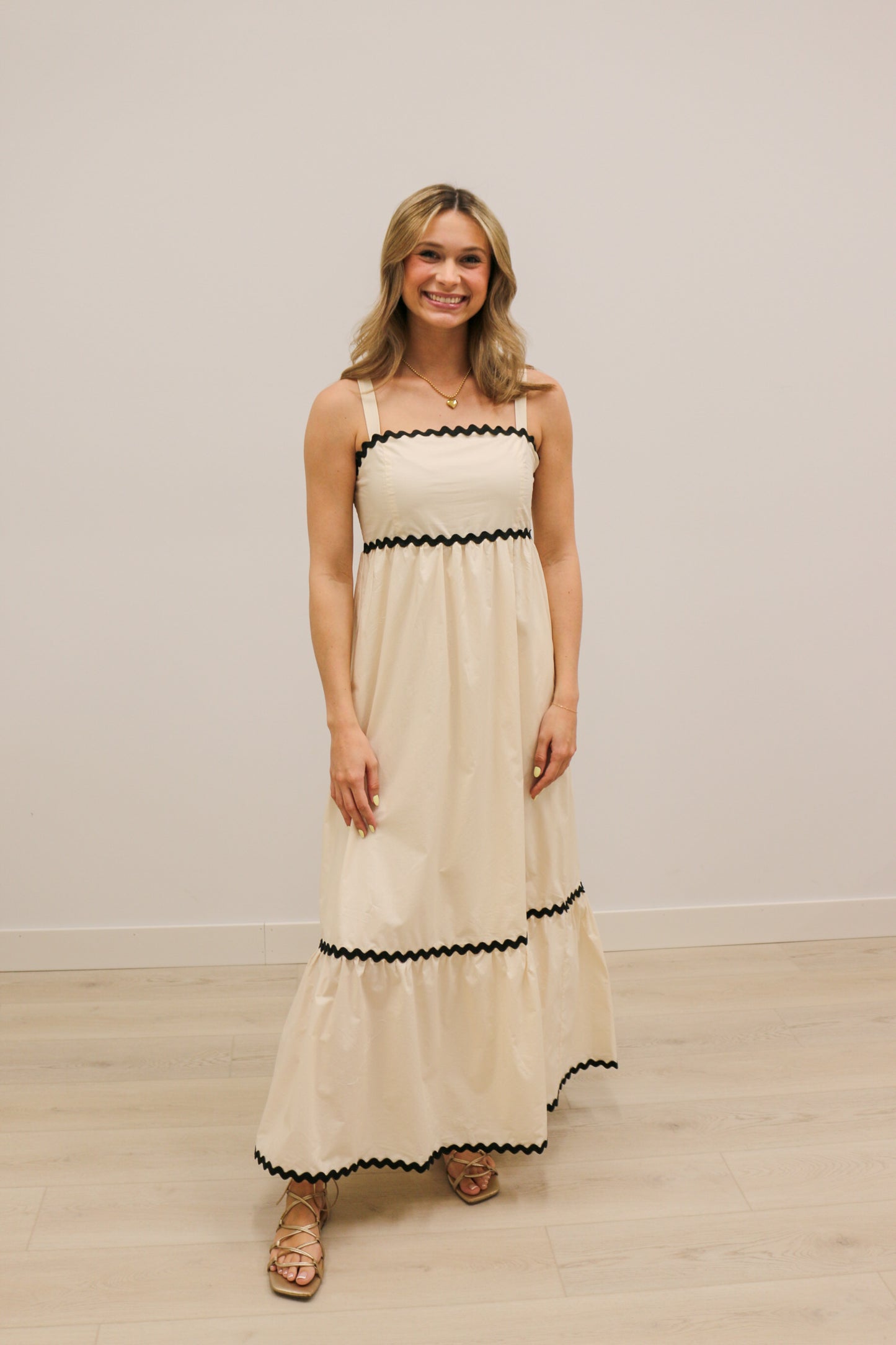 Sophie Sleeveless Tiered Ric Rac Trim Maxi Dress - Cream Muli