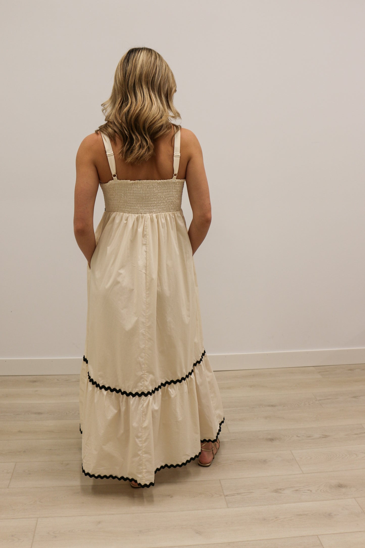 Sophie Sleeveless Tiered Ric Rac Trim Maxi Dress - Cream Muli