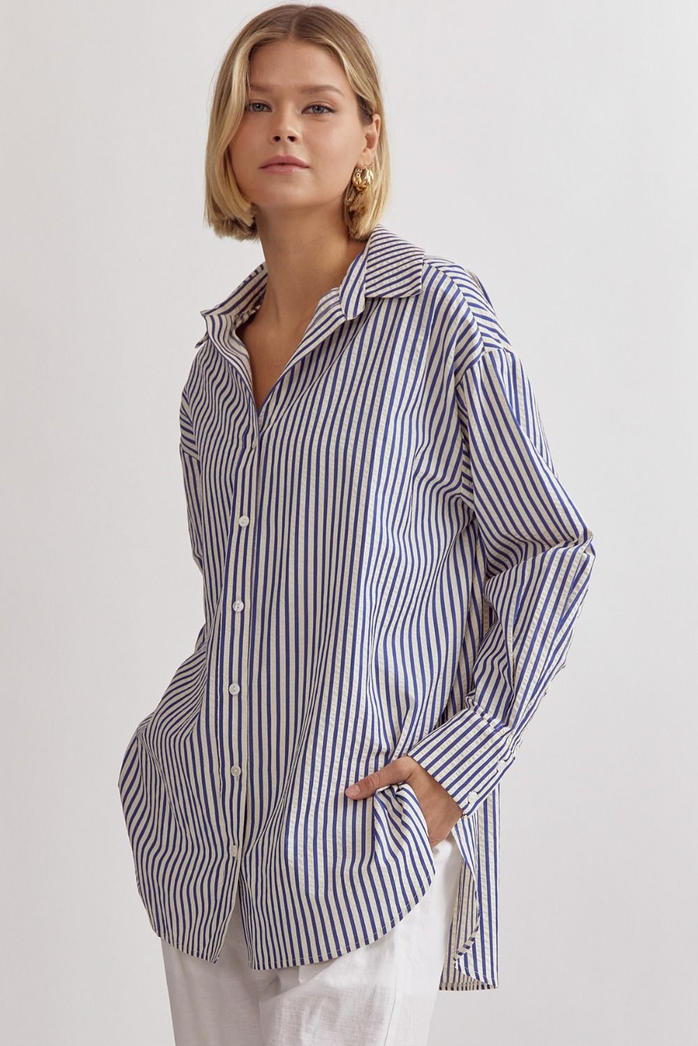Dianna Classic Stripe Long Sleeve Collared Button Up Blouse - Navy
