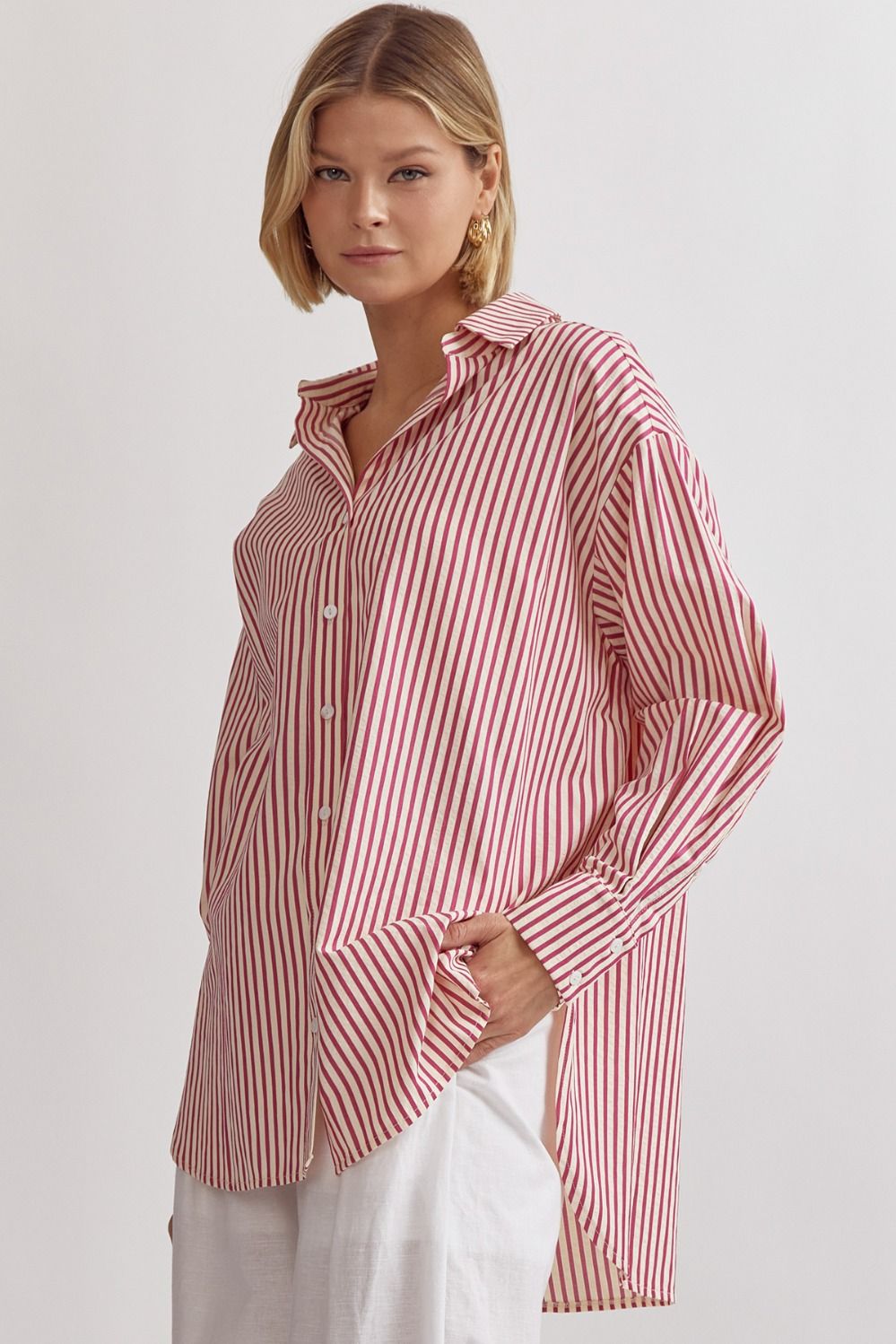 Dianna Classic Stripe Long Sleeve Collared Button Up Blouse - Pink
