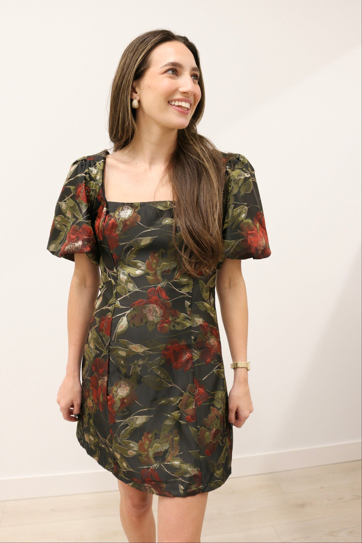 Dita Jacquard Print Square Neckline Short Puff Sleeve Mini Dress - Black Multi