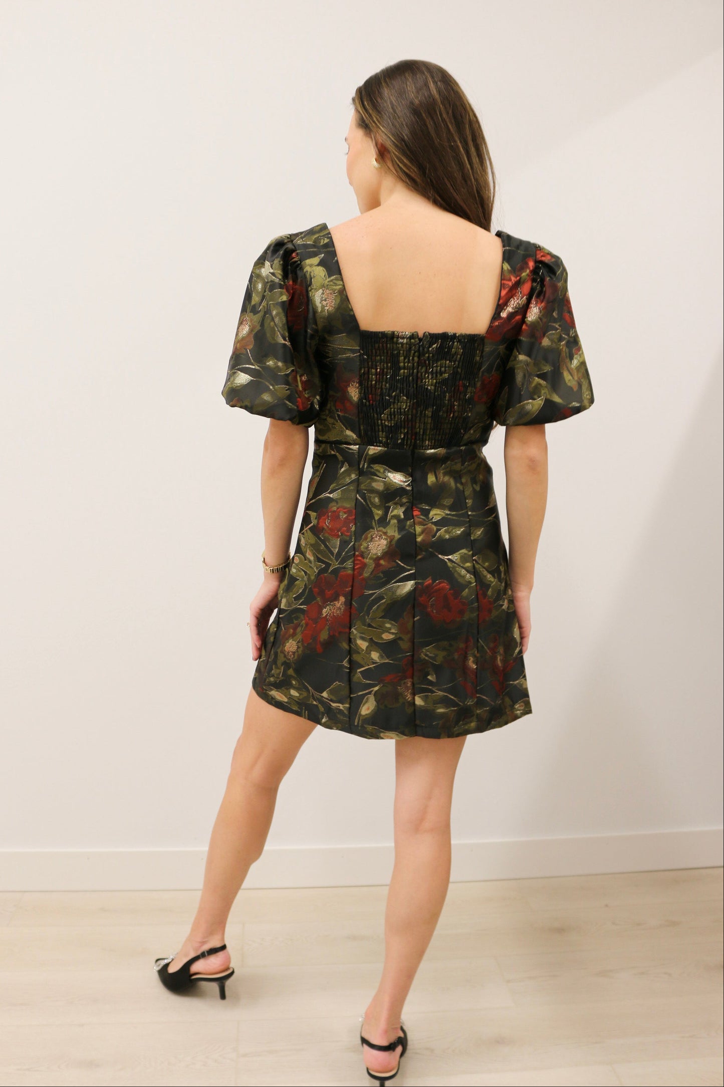 Dita Jacquard Print Square Neckline Short Puff Sleeve Mini Dress - Black Multi