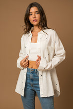 Load image into Gallery viewer, Heart Embroidered Petite Navy Heart Long Sleeve Collared Button Up - White
